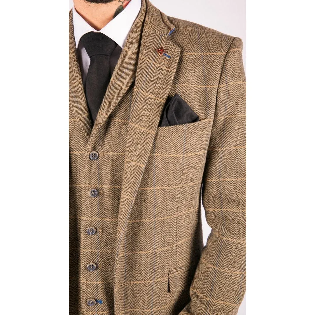 Mens 3 Piece Classic Tweed Herringbone Check Tan Brown Slim Fit Vintage Suit