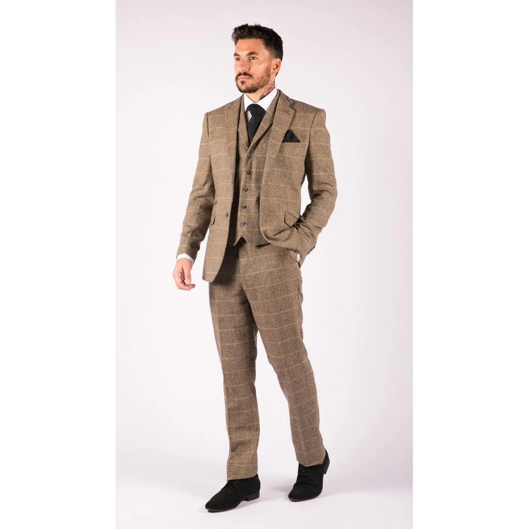 Mens 3 Piece Classic Tweed Herringbone Check Tan Brown Slim Fit Vintage Suit