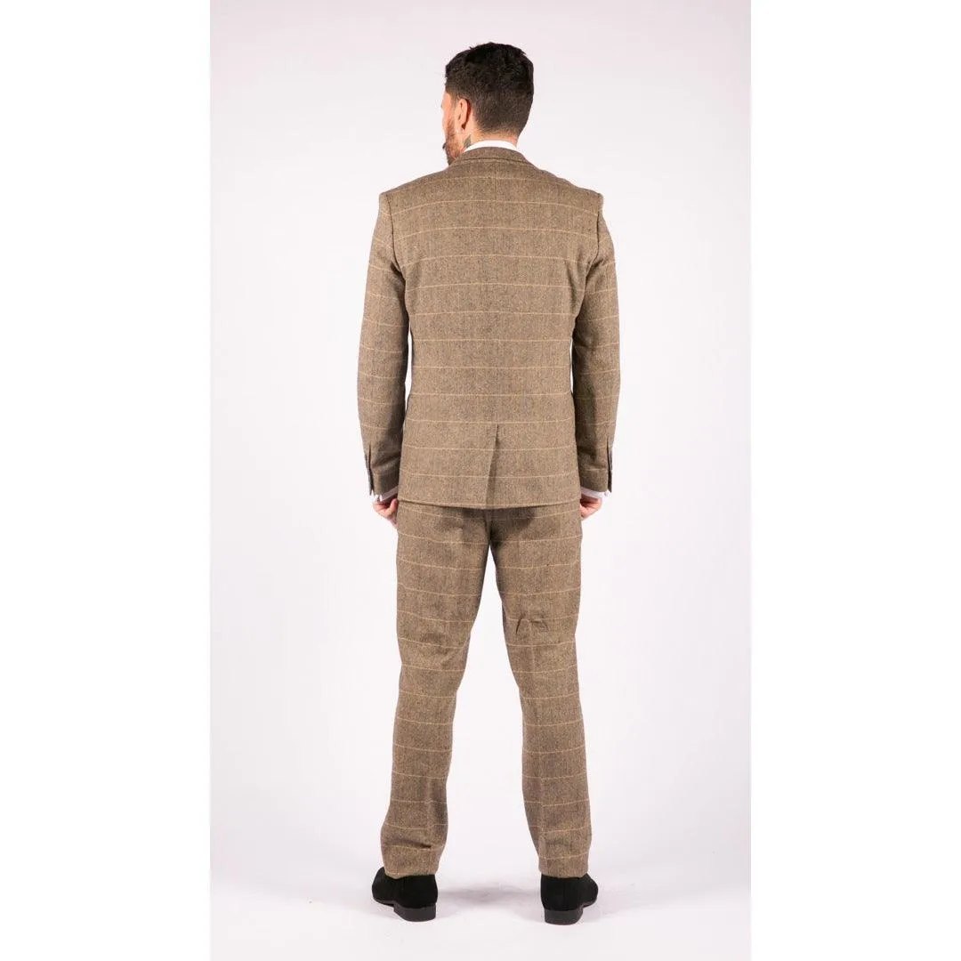 Mens 3 Piece Classic Tweed Herringbone Check Tan Brown Slim Fit Vintage Suit