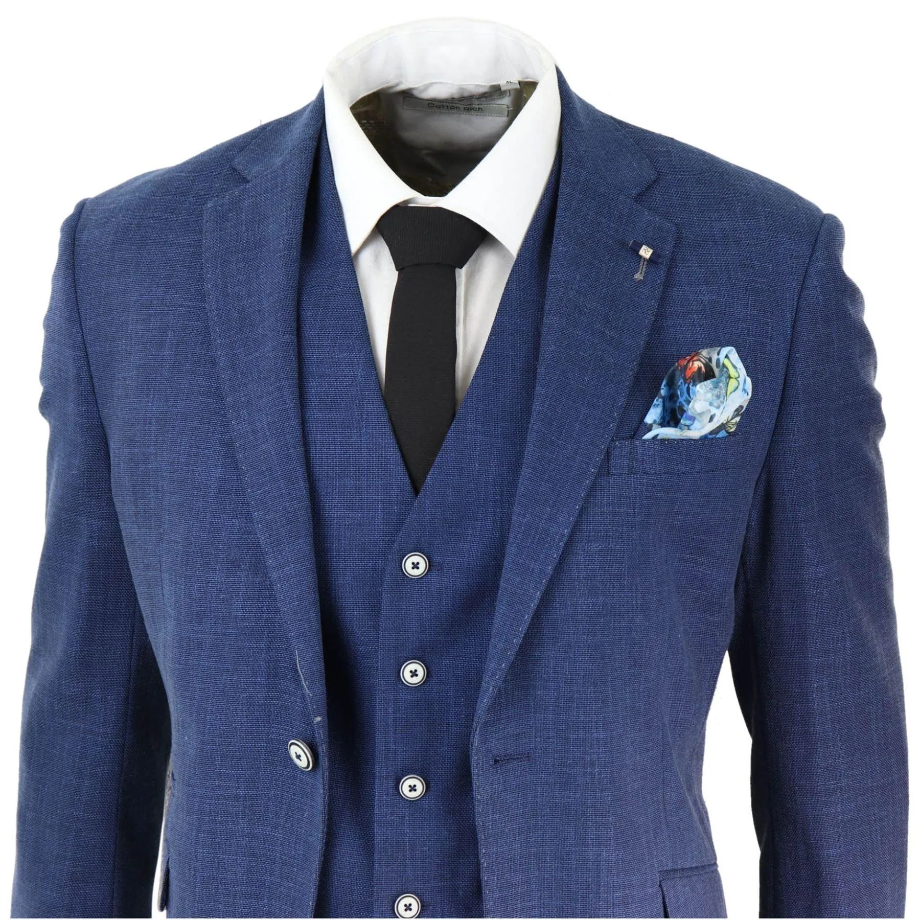 Mens 3 Piece Suit Blue Summer Linen Tailored Fit Wedding Prom Classic