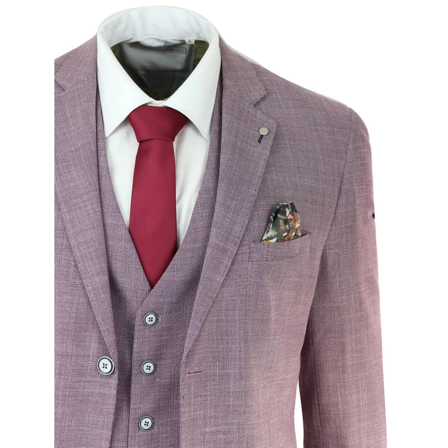 Mens 3 Piece Suit Blush Pink Summer Linen Tailored Fit Wedding Prom Classic