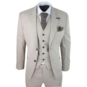 Mens 3 Piece Suit Linen Beige Cream 2 Button Tailored Fit Classic Retro