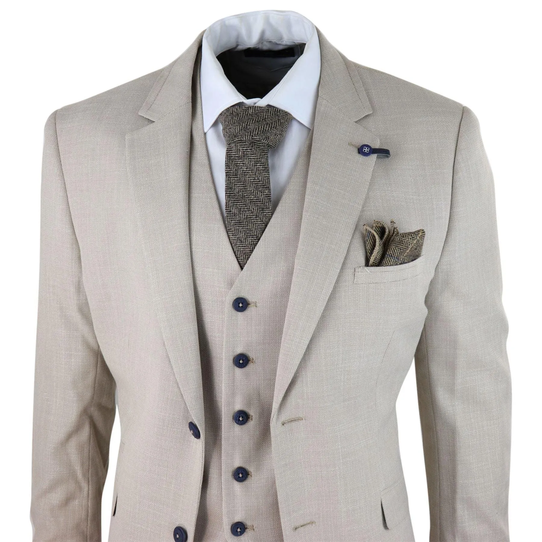 Mens 3 Piece Suit Linen Beige Cream 2 Button Tailored Fit Classic Retro