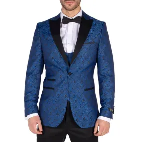 Mens Paisley Tuxedo Blazer And Waistcoat Brocade Dinner Jacket Satin Black Blue