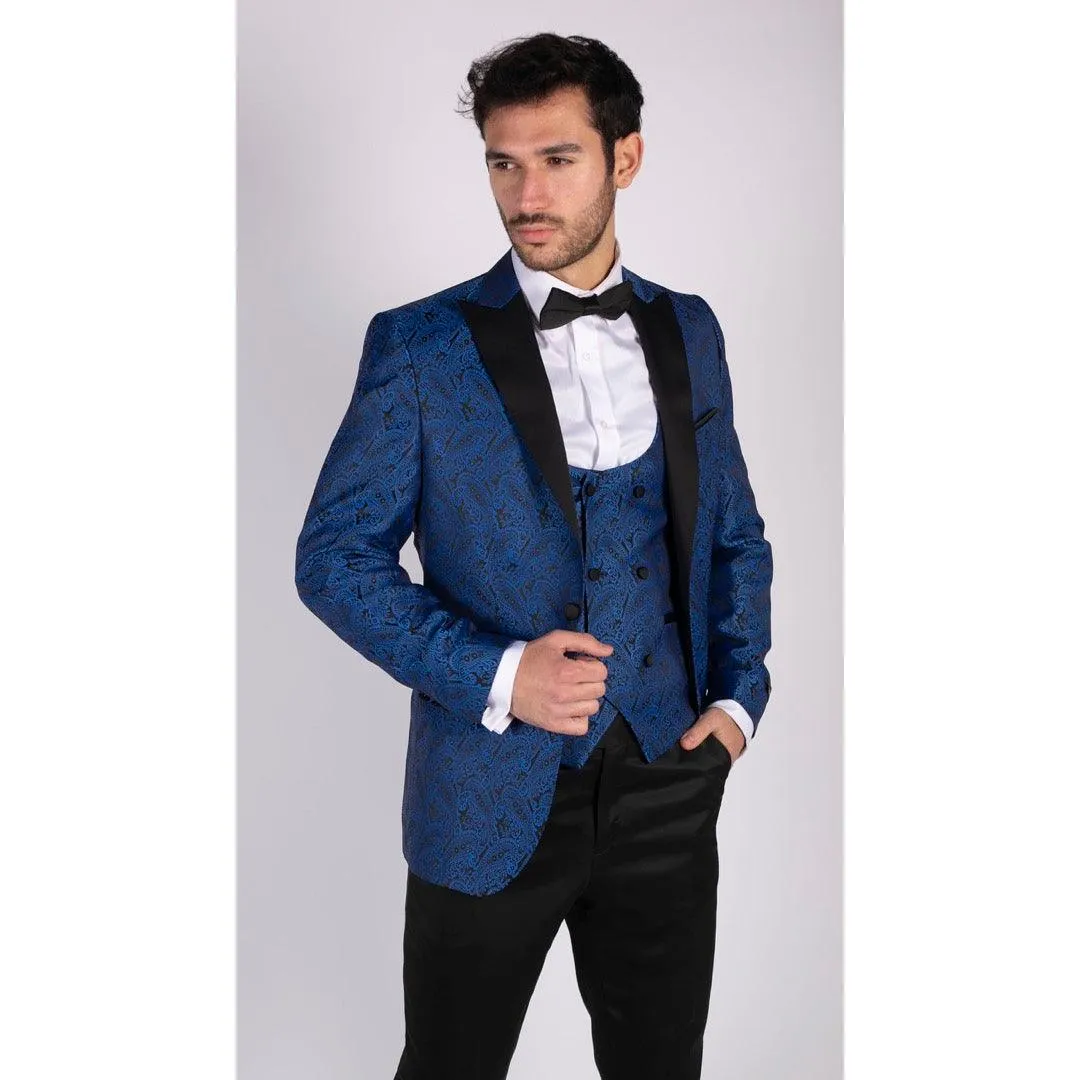 Mens Paisley Tuxedo Blazer And Waistcoat Brocade Dinner Jacket Satin Black Blue