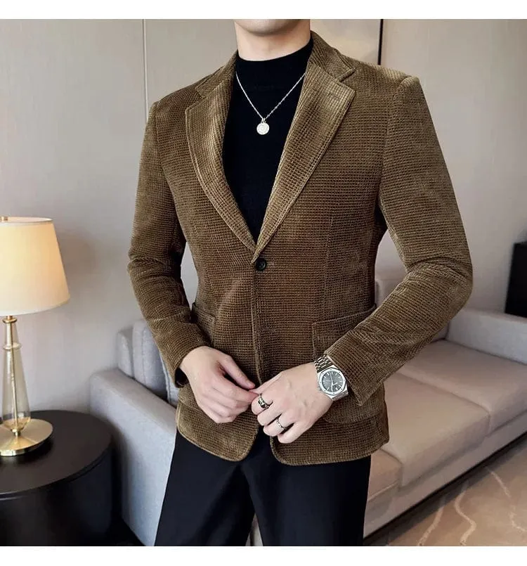 Men's Slim Fit Chenille Velvet Blazer – Autumn Winter Business Suit Jacket for Weddings, Banquets, and Parties