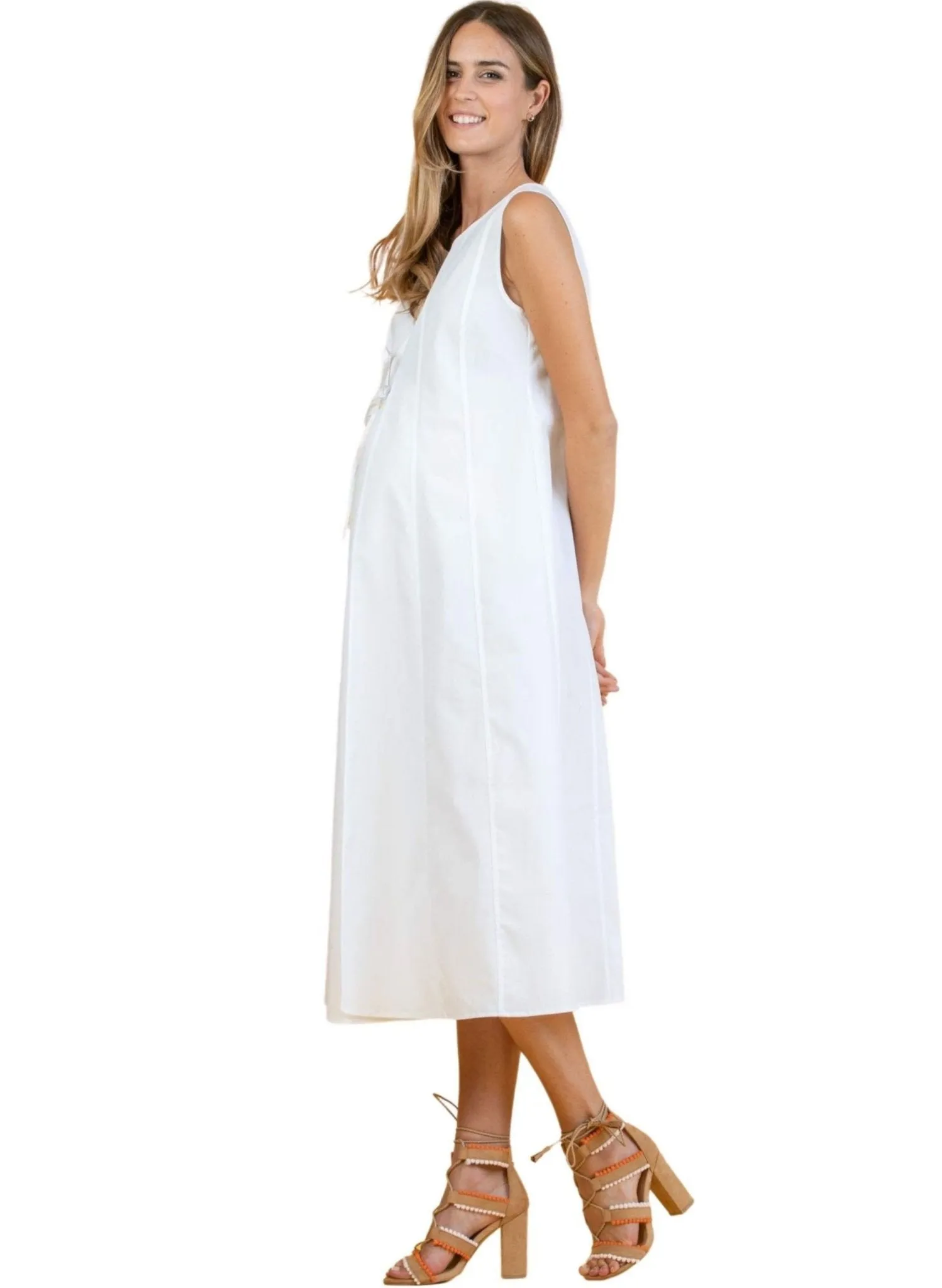 Midi Maternity Dress in Cotton with Front Small Cord