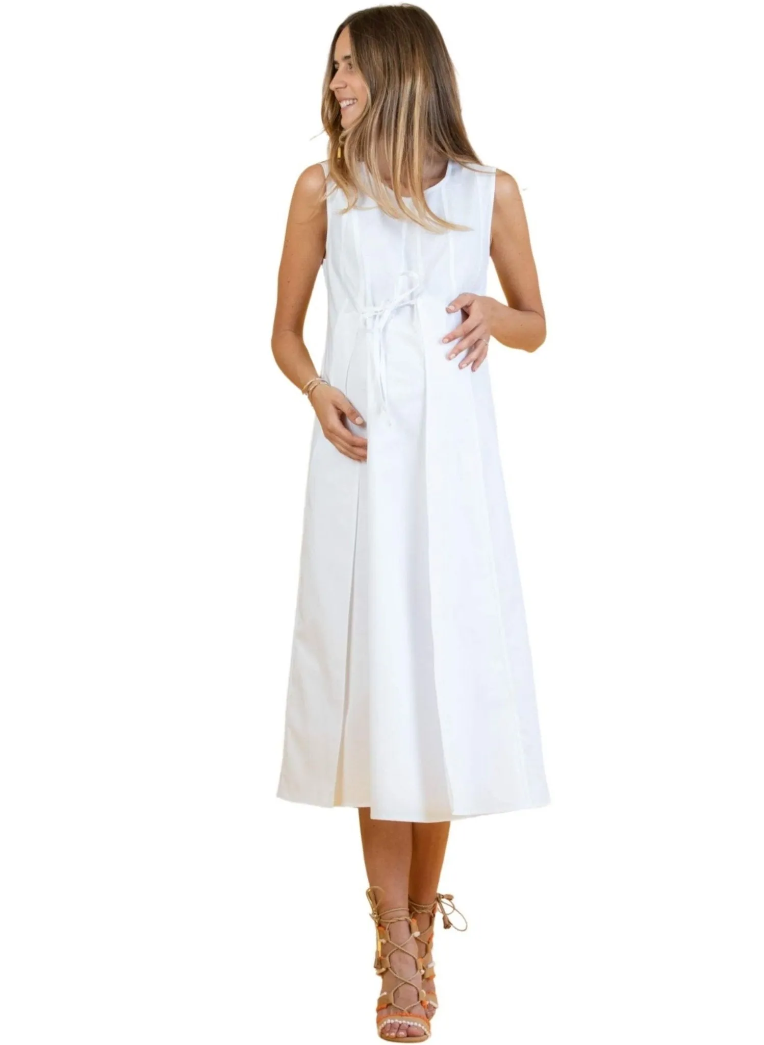 Midi Maternity Dress in Cotton with Front Small Cord