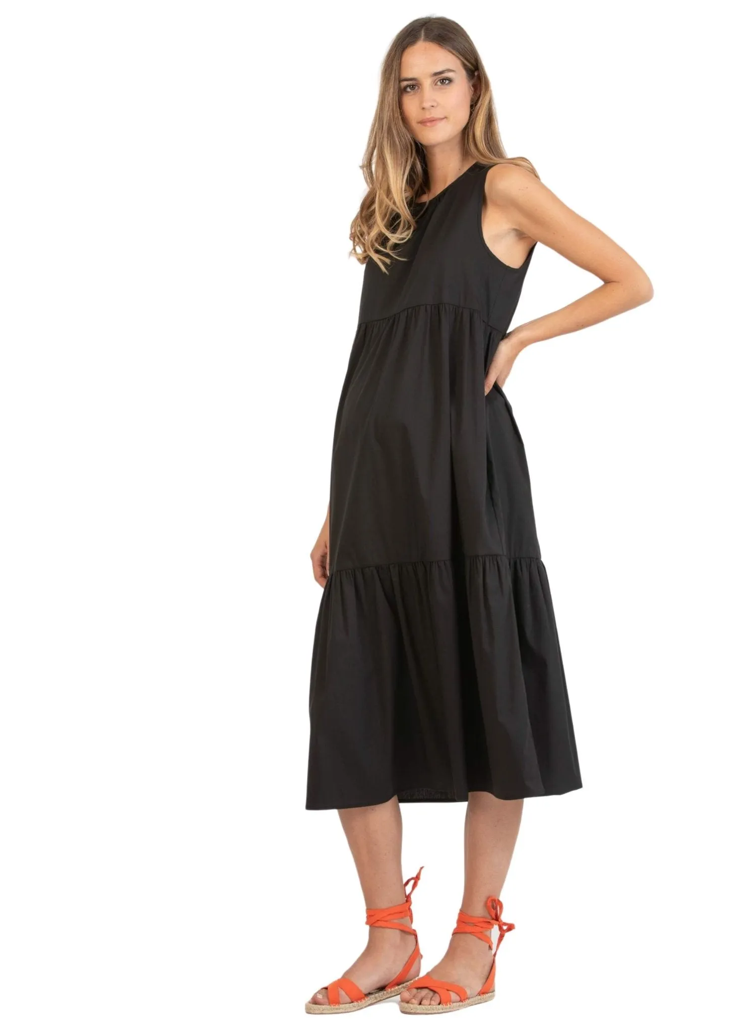 Midi Maternity Dress with Flounces and Cord with Pearls - Black