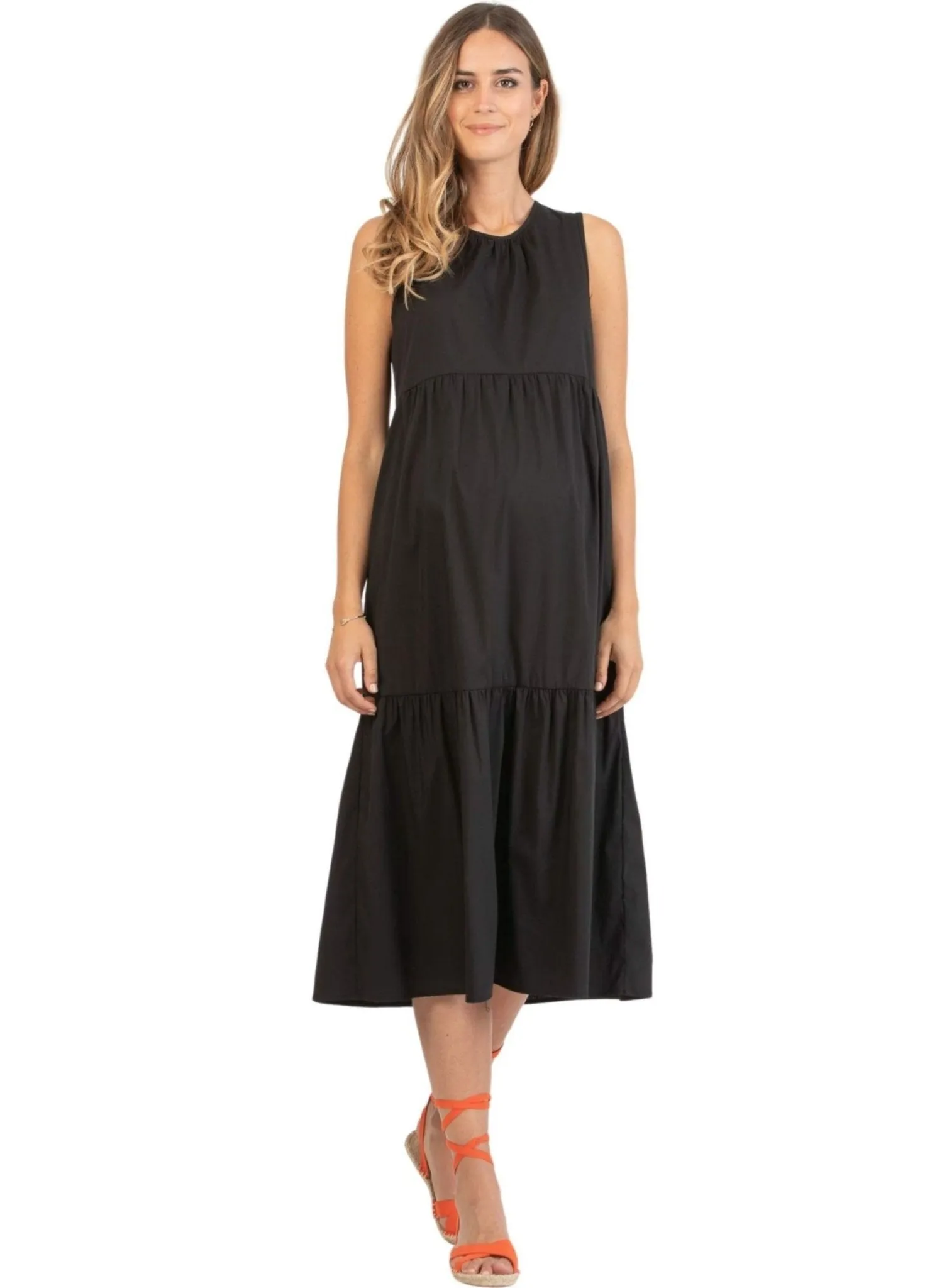 Midi Maternity Dress with Flounces and Cord with Pearls - Black