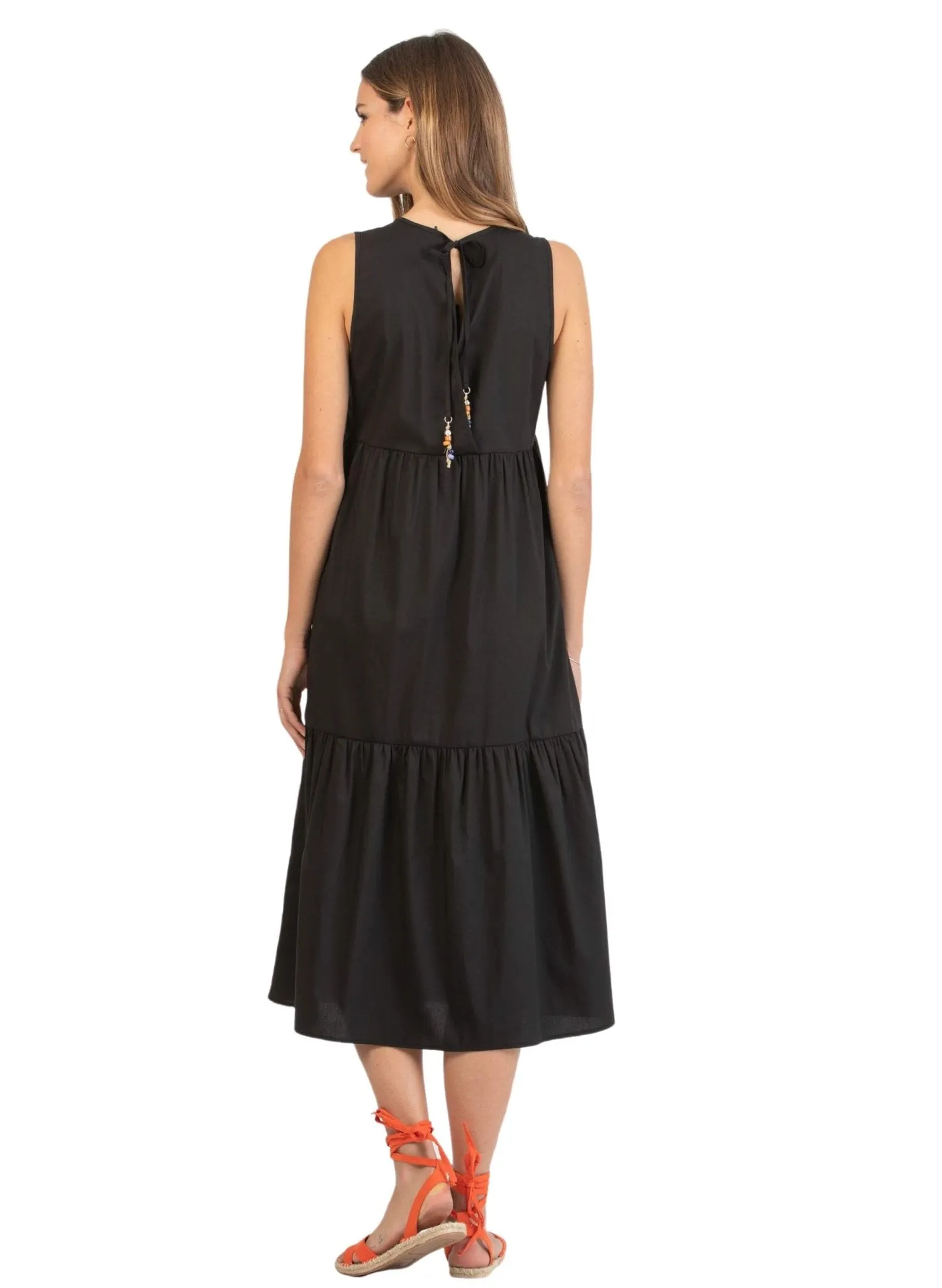 Midi Maternity Dress with Flounces and Cord with Pearls - Black