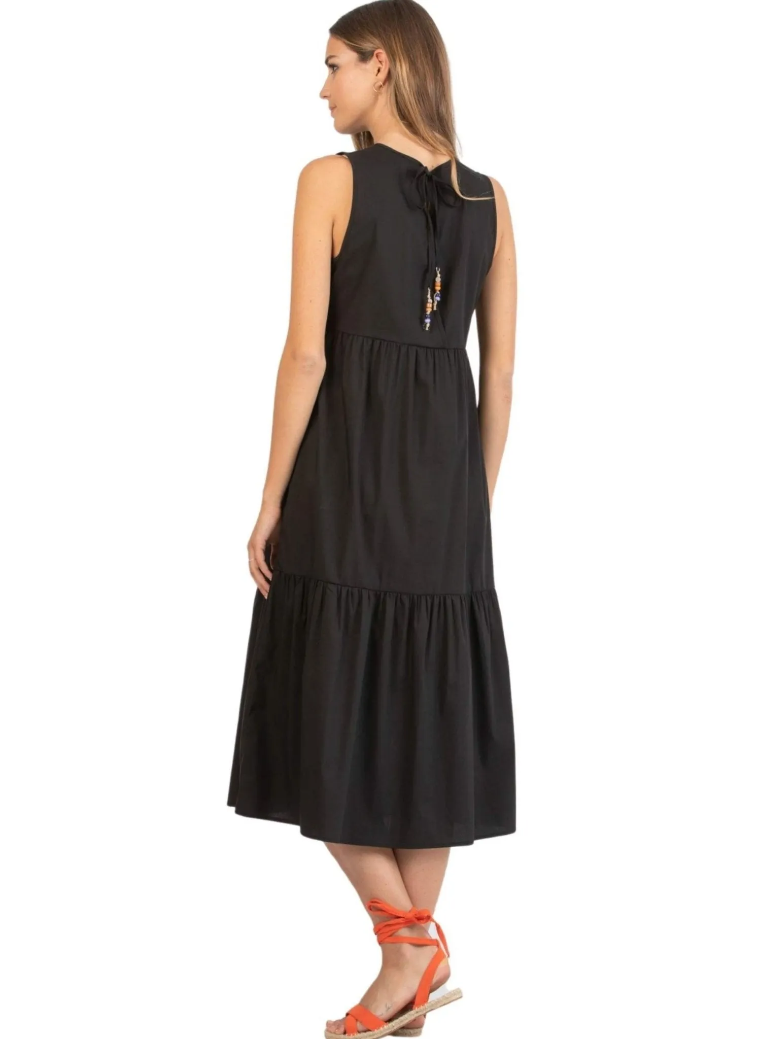 Midi Maternity Dress with Flounces and Cord with Pearls - Black