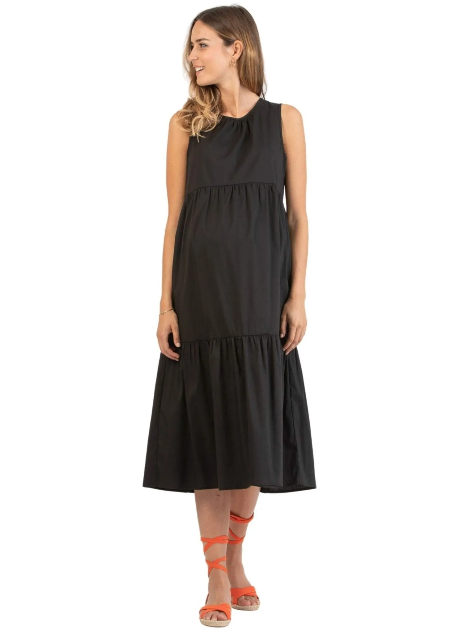 Midi Maternity Dress with Flounces and Cord with Pearls - Black