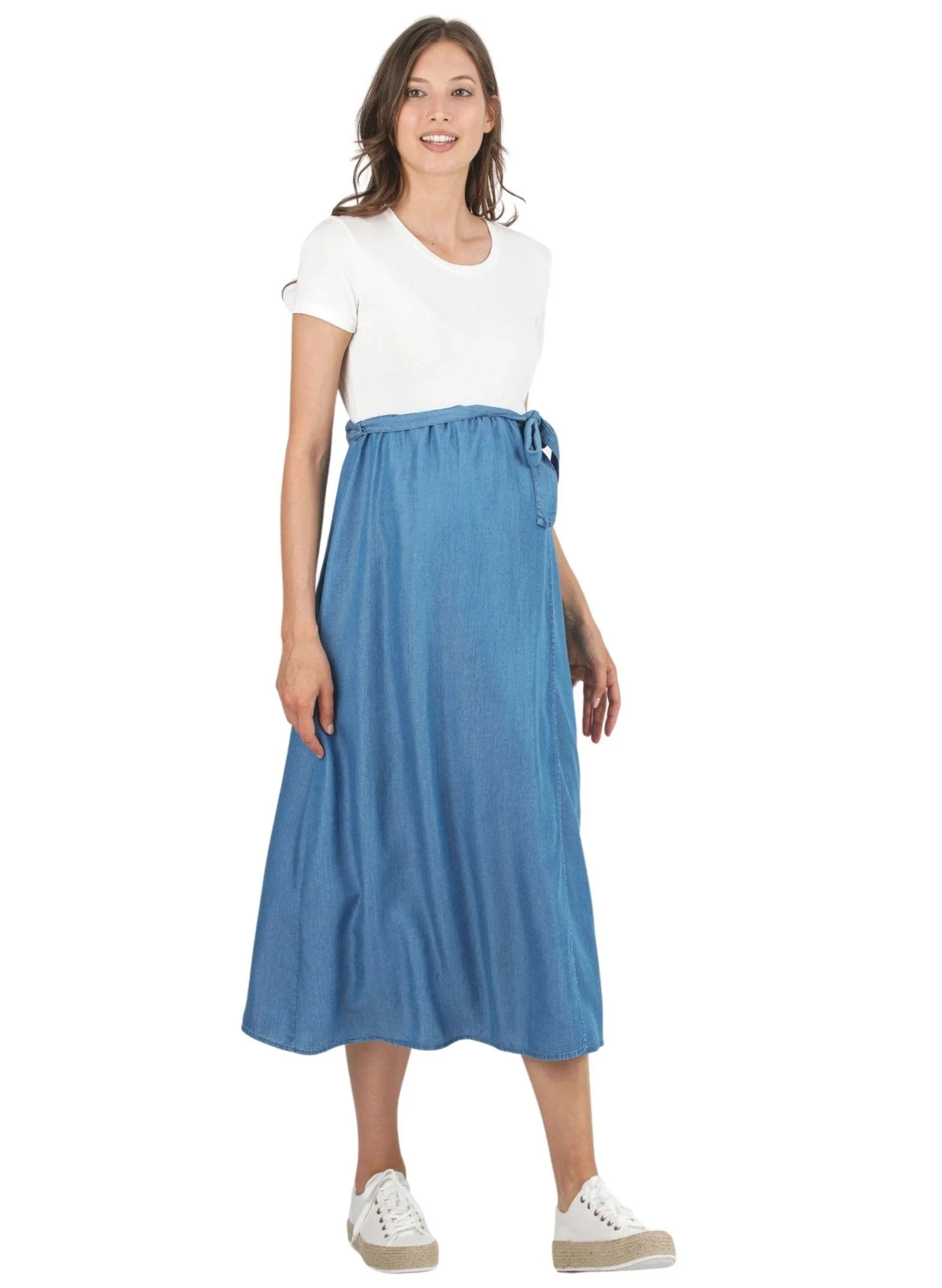 Midi Maternity Dress with Wraparound Skirt in Tencel