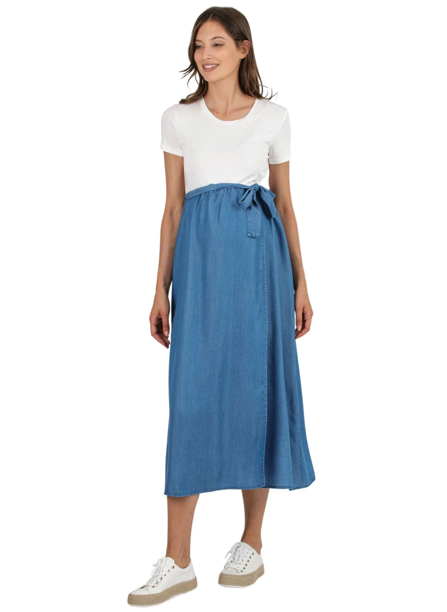 Midi Maternity Dress with Wraparound Skirt in Tencel