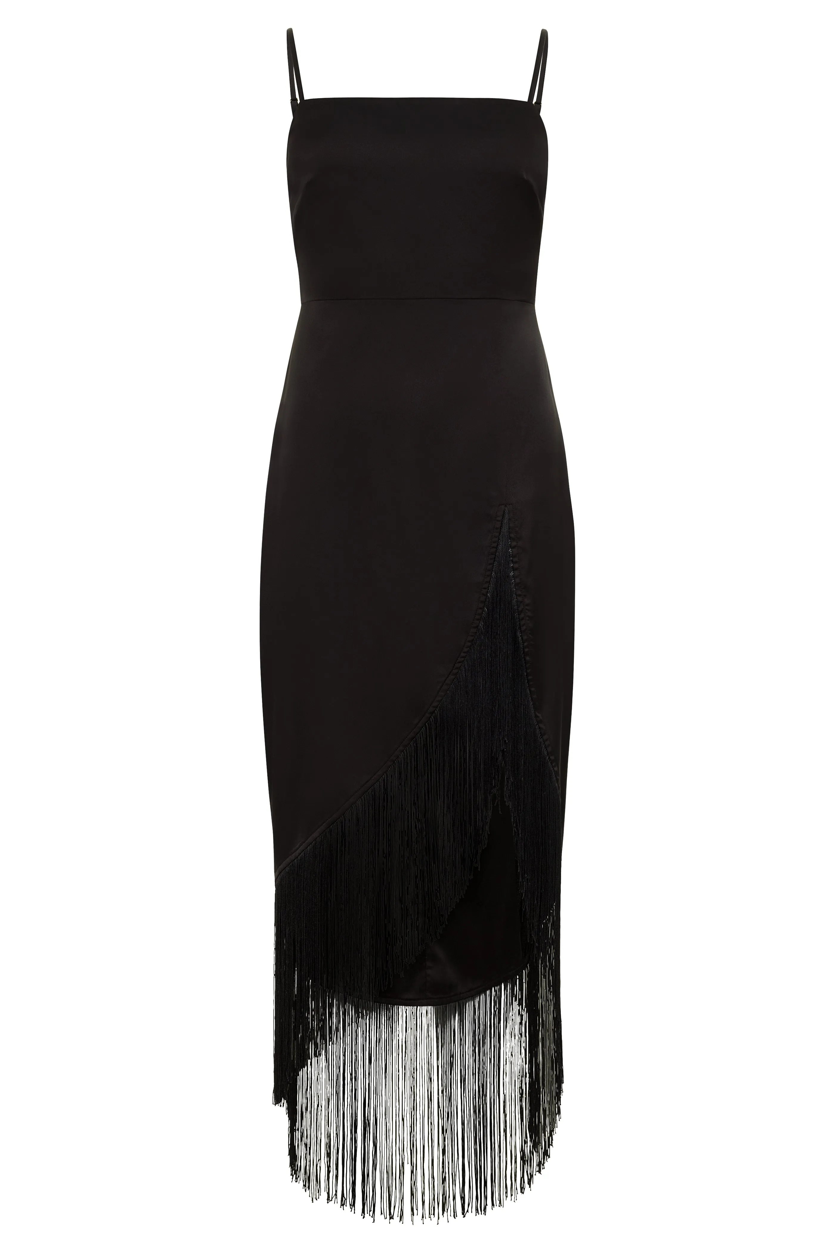 Monet Black Fringe Satin Maxi Dress