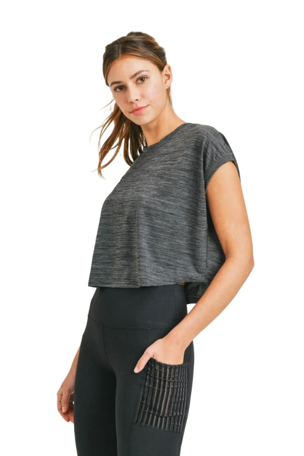 Mono B Cap-Sleeved Melange Athleisure Cropped Shirt AT3090