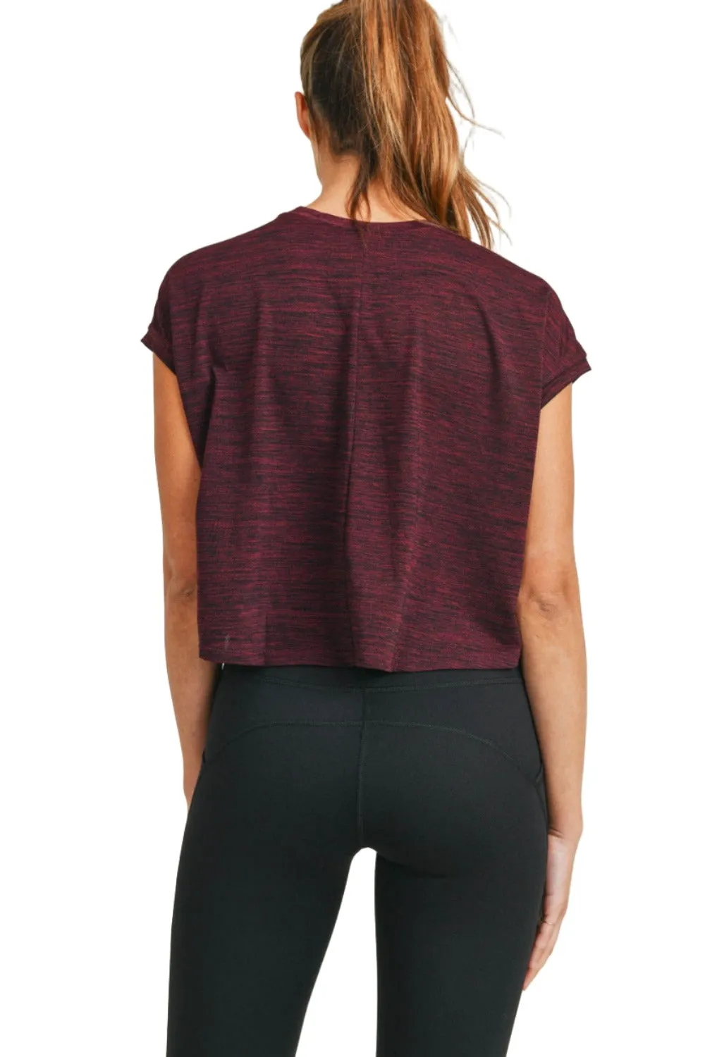 Mono B Cap-Sleeved Melange Athleisure Cropped Shirt AT3090