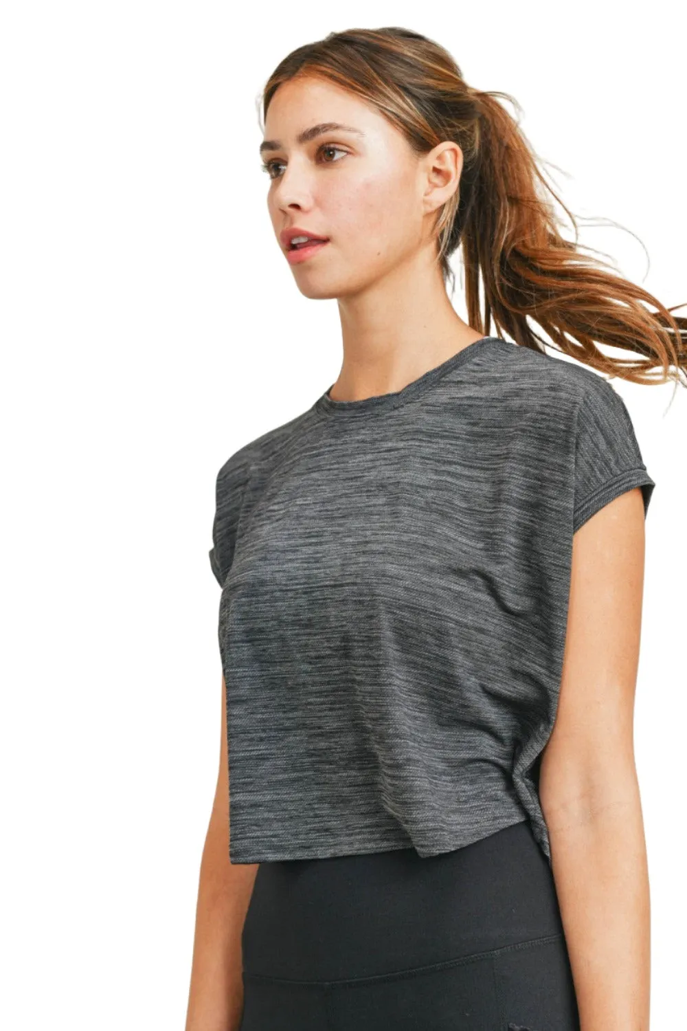 Mono B Cap-Sleeved Melange Athleisure Cropped Shirt AT3090