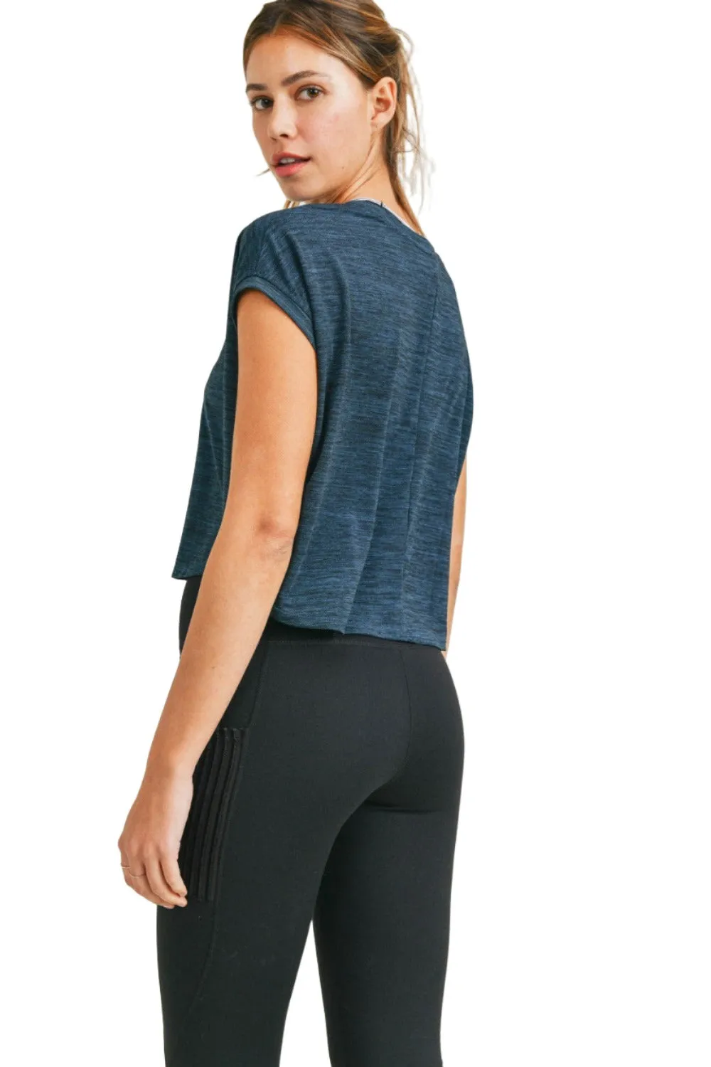 Mono B Cap-Sleeved Melange Athleisure Cropped Shirt AT3090