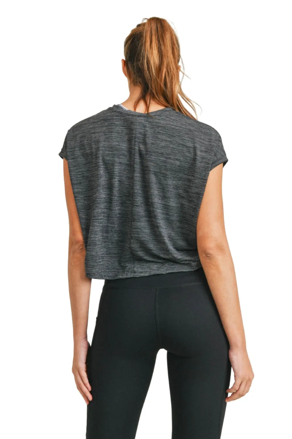 Mono B Cap-Sleeved Melange Athleisure Cropped Shirt AT3090