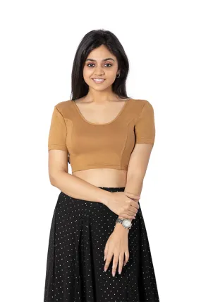 Naidu Hall Non-Padded Knitted Blouse With Round Neck Princess Cut Short Sleeve - Golden Yellow