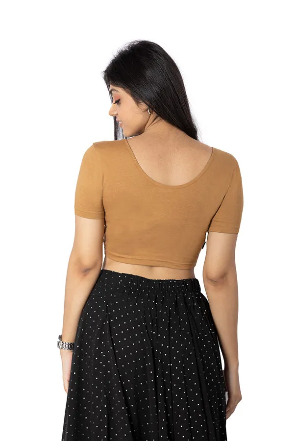 Naidu Hall Non-Padded Knitted Blouse With Round Neck Princess Cut Short Sleeve - Golden Yellow