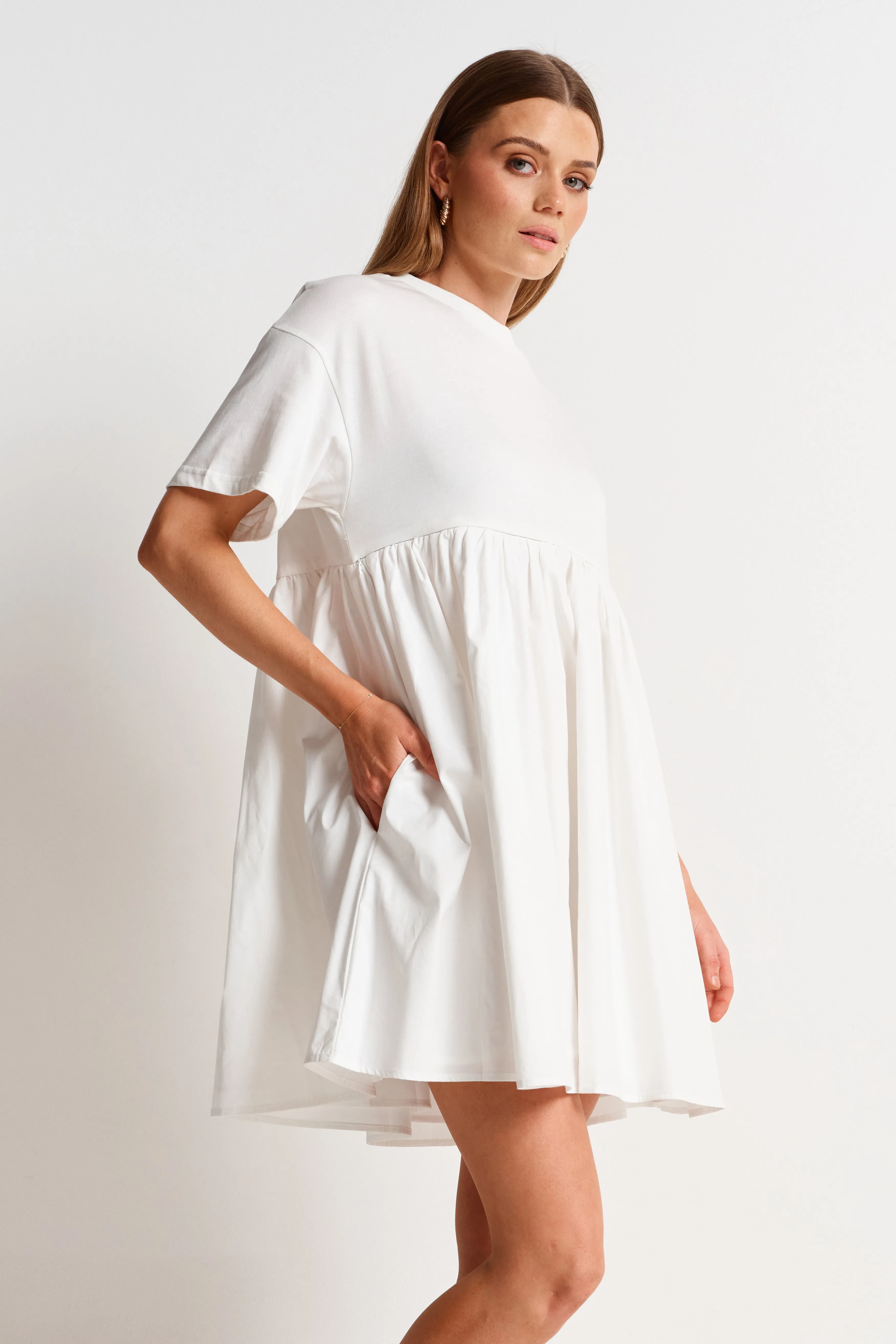 Nora Combination Panel Tee Dress - White