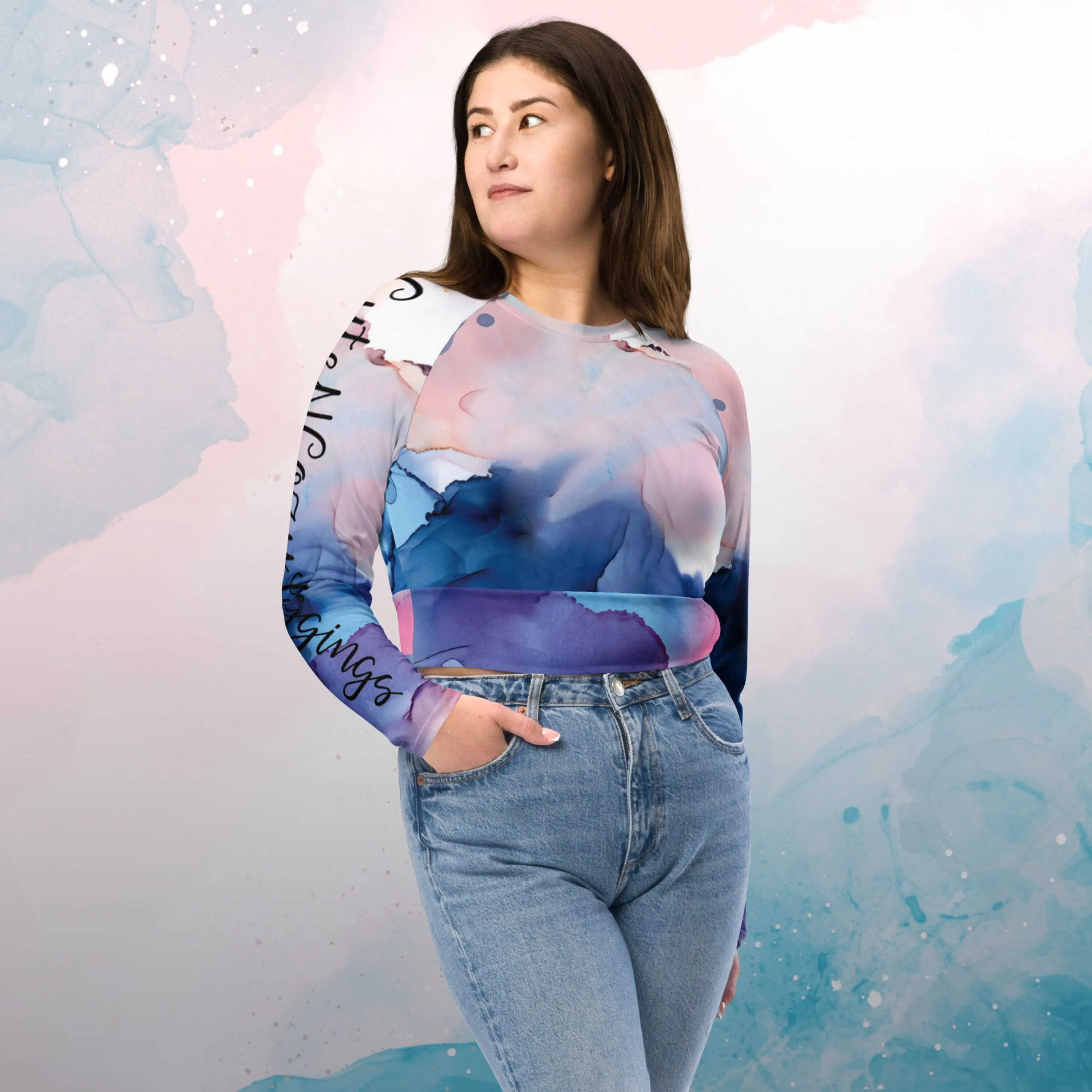 Pastel Pink and Blue Marble Recycled Long Sleeve Workout or Swimming Crop Top