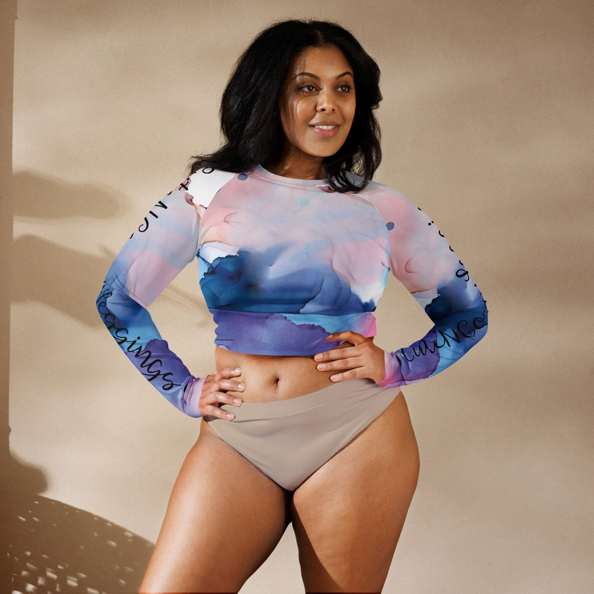 Pastel Pink and Blue Marble Recycled Long Sleeve Workout or Swimming Crop Top