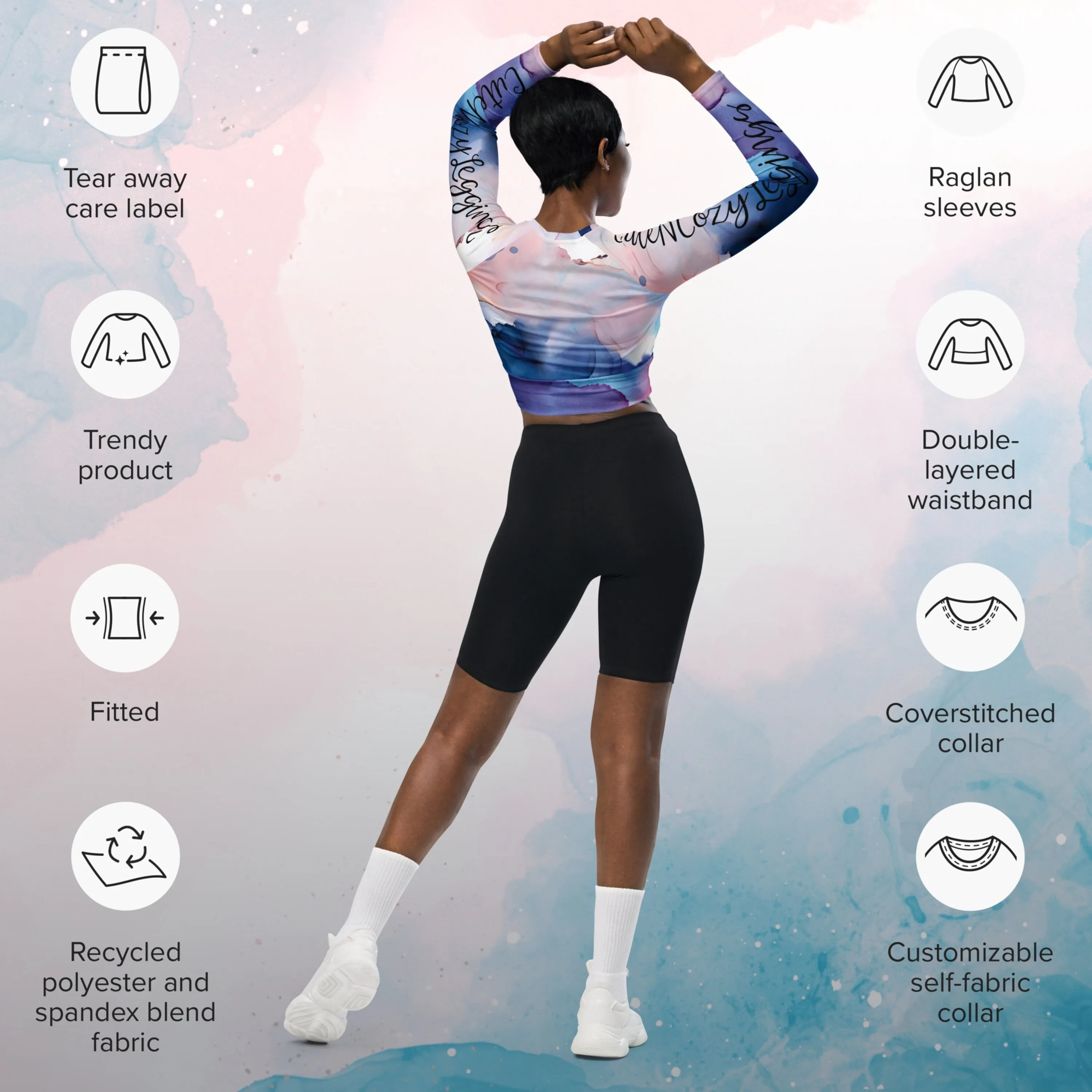 Pastel Pink and Blue Marble Recycled Long Sleeve Workout or Swimming Crop Top