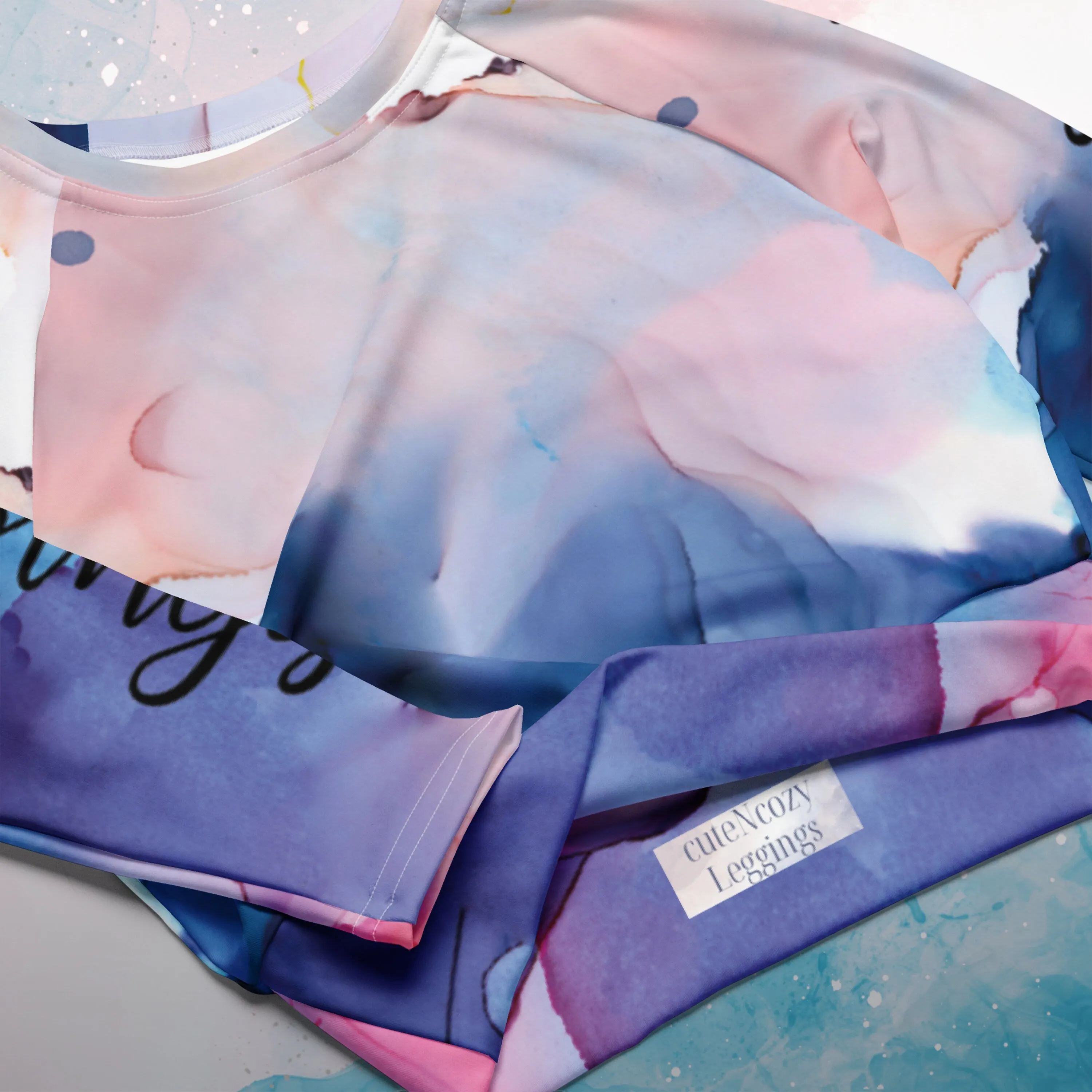 Pastel Pink and Blue Marble Recycled Long Sleeve Workout or Swimming Crop Top