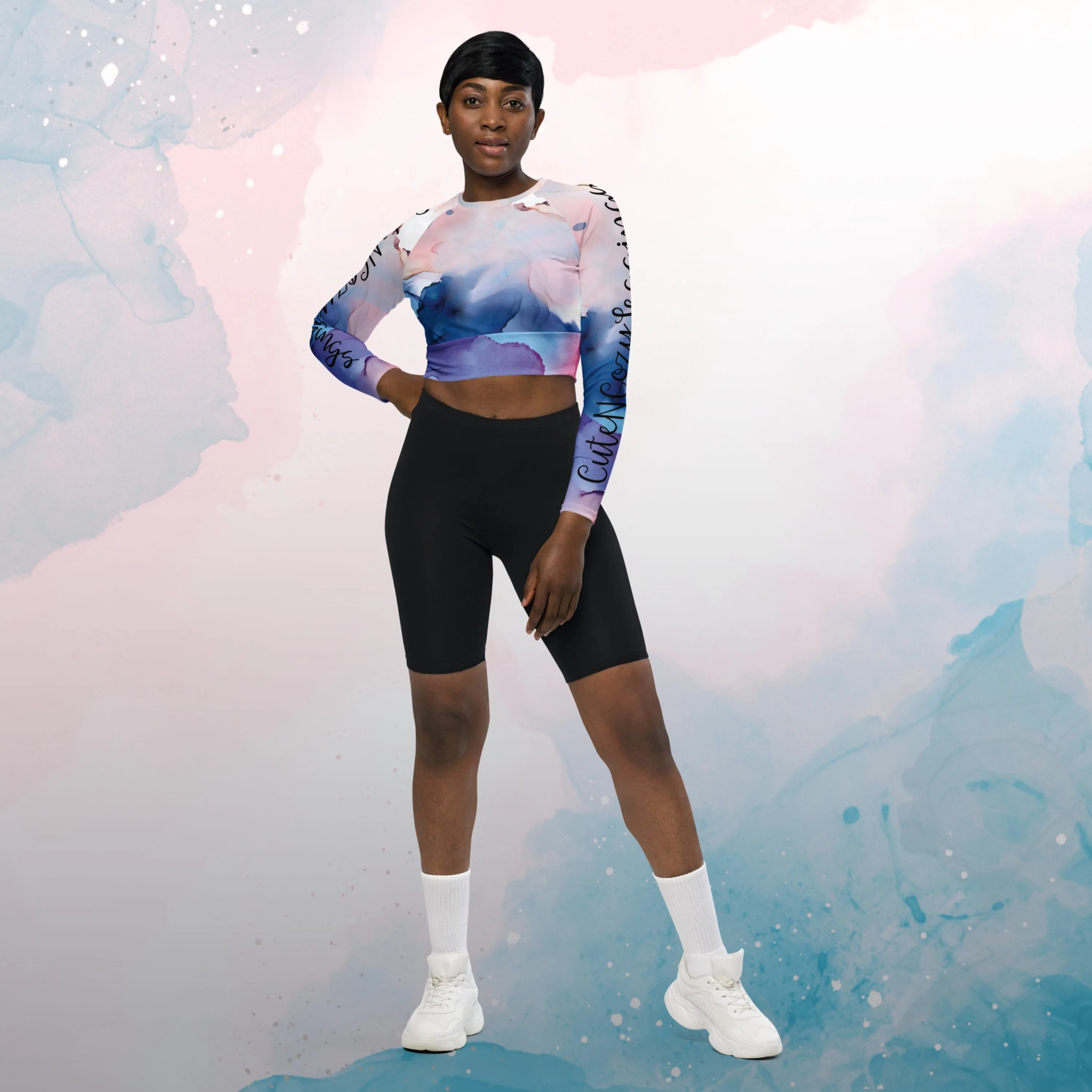 Pastel Pink and Blue Marble Recycled Long Sleeve Workout or Swimming Crop Top