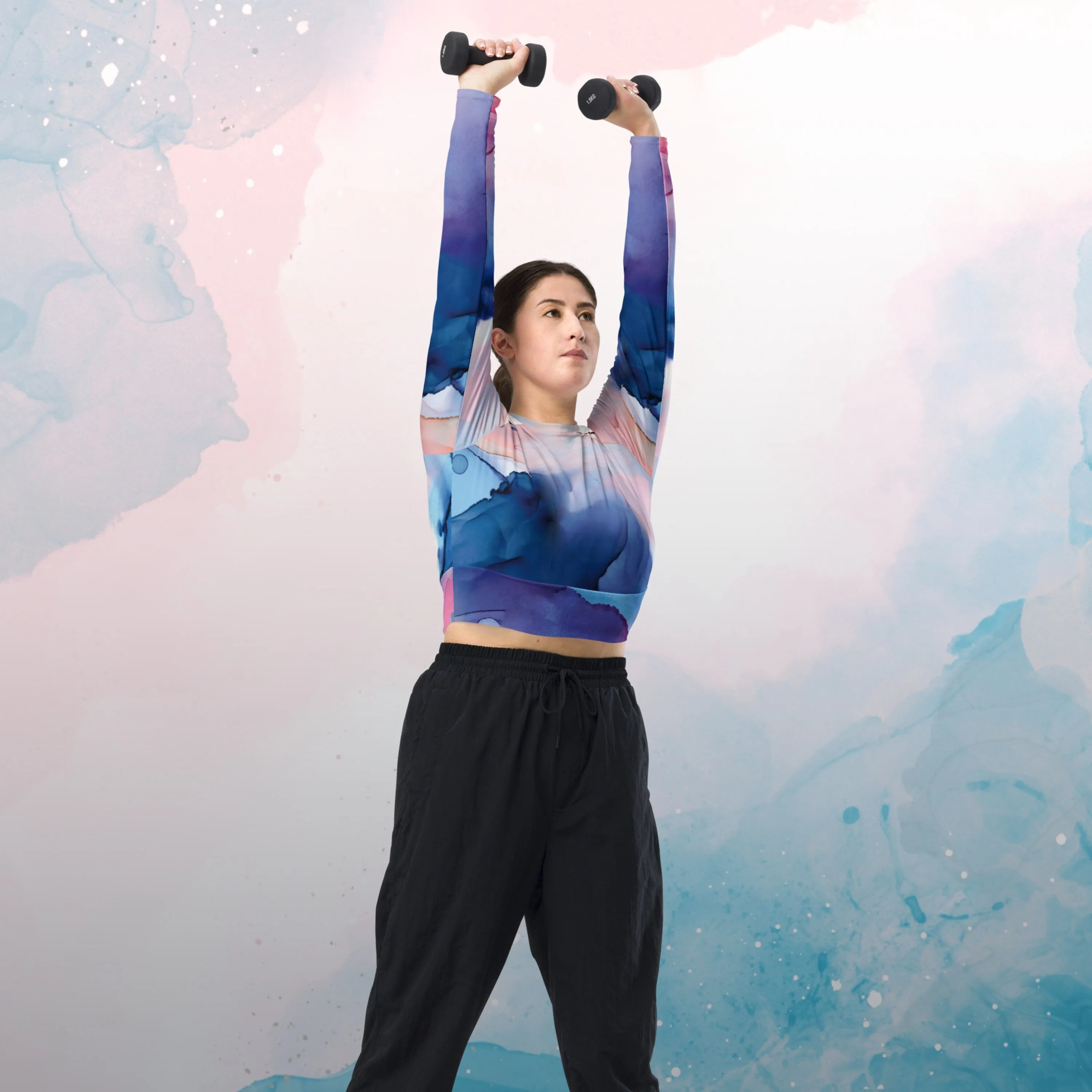 Pastel Pink and Blue Marble Recycled Long Sleeve Workout or Swimming Crop Top