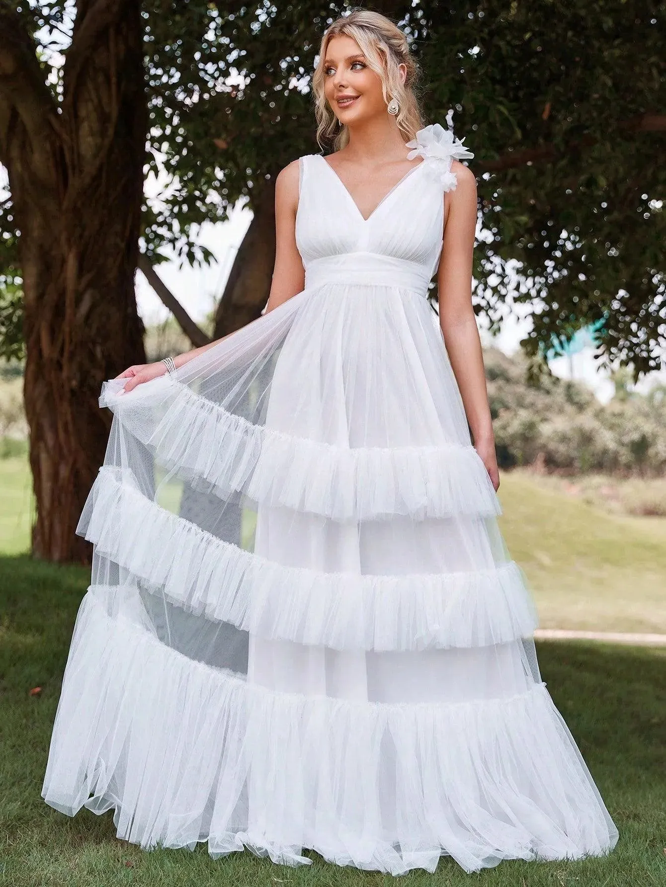 Plunging Neck Layer Ruffle Hem Mesh Wedding Dress