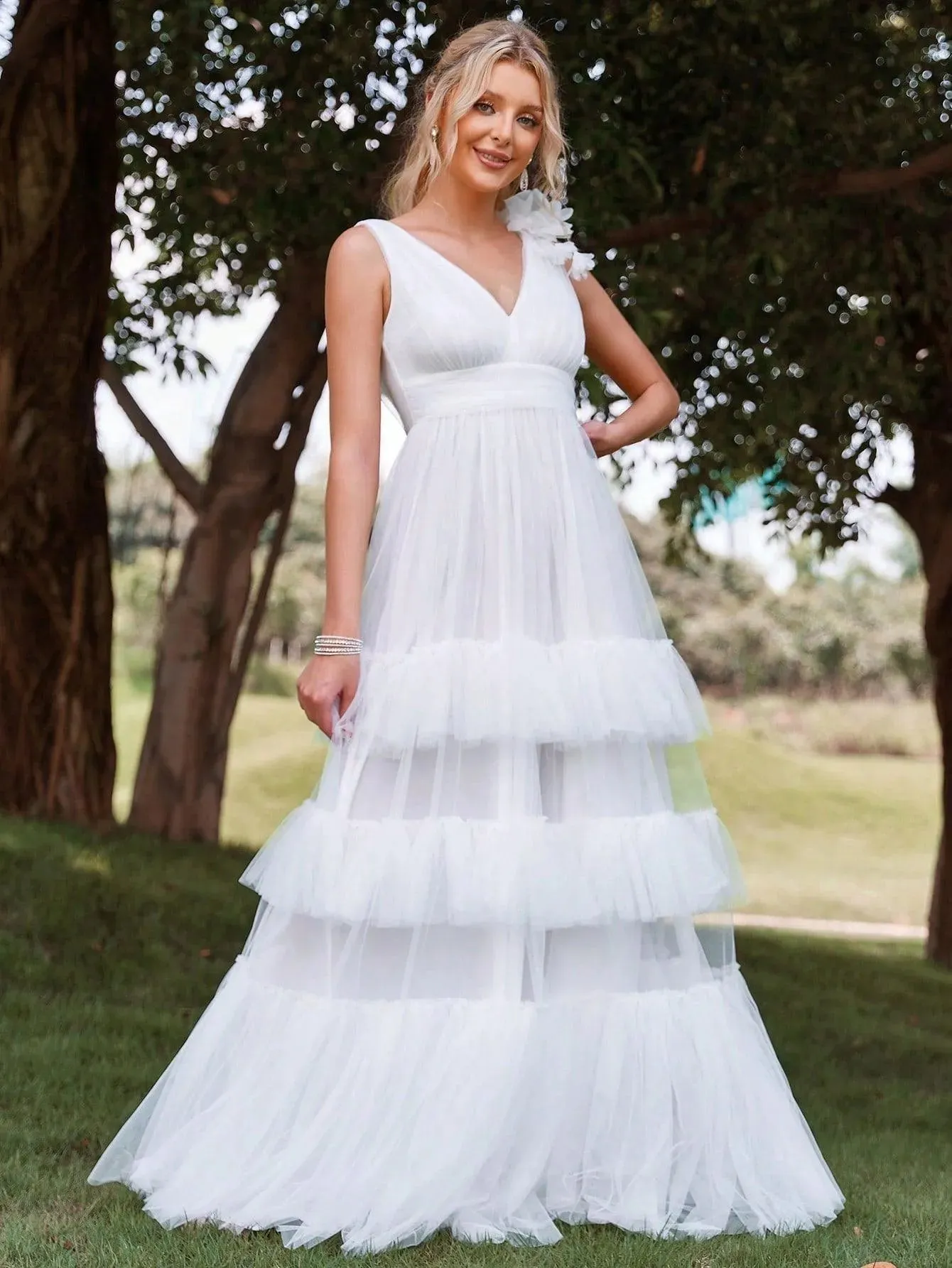 Plunging Neck Layer Ruffle Hem Mesh Wedding Dress