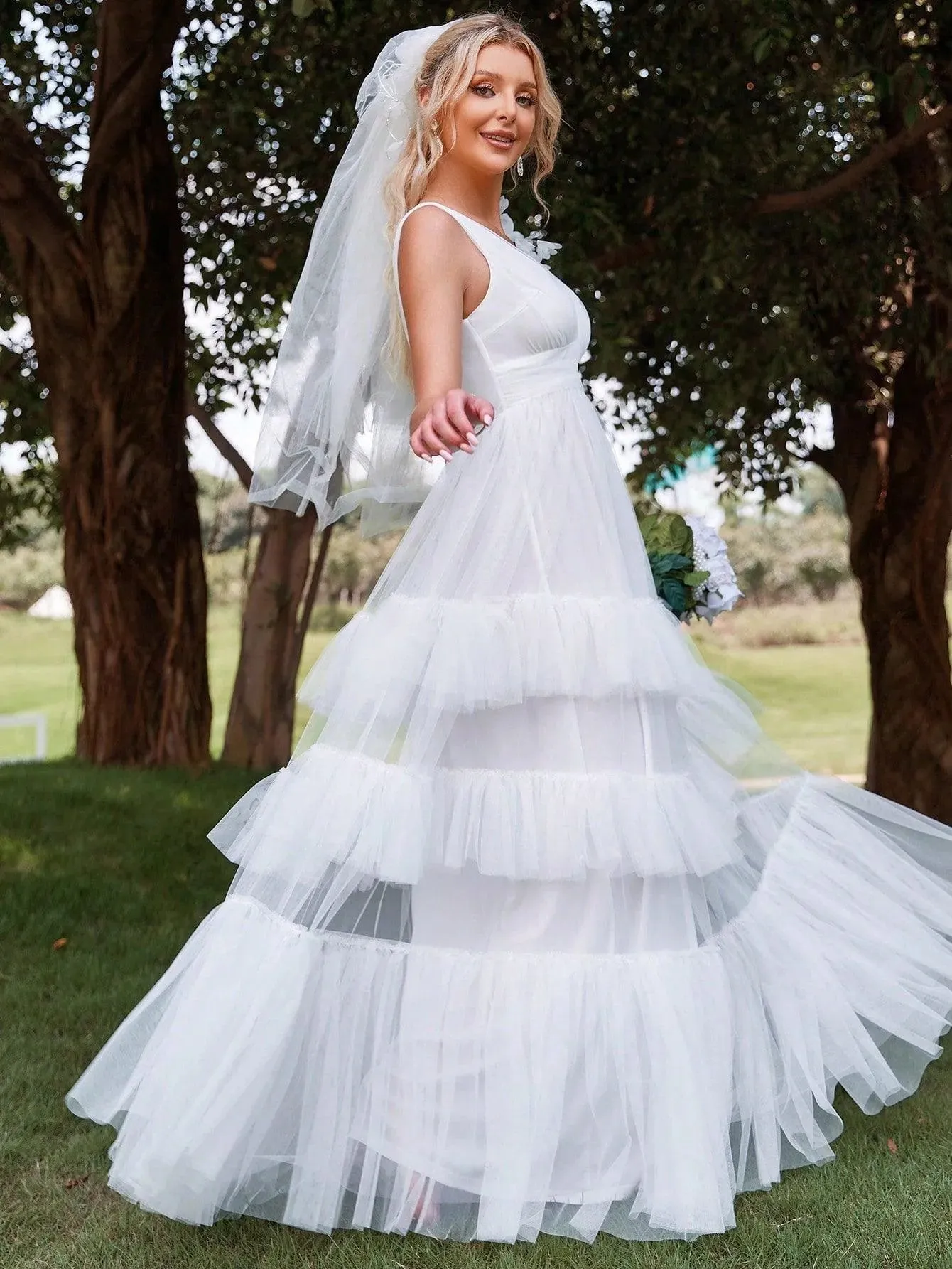 Plunging Neck Layer Ruffle Hem Mesh Wedding Dress