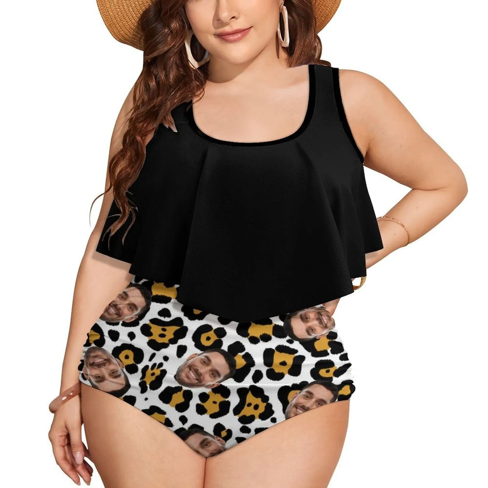 #Plus Size Ruffle Tankini-Custom Face White Leopard Plus Size Swimsuit Ruffle High Waisted Tankini Personalized Bathing Suit Women's Two Piece Summer Swimsuit Cover Your Tummy