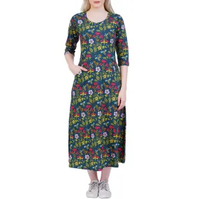 Pollinator 3/4th Sleeves Midi Dress (With Waist Seam)