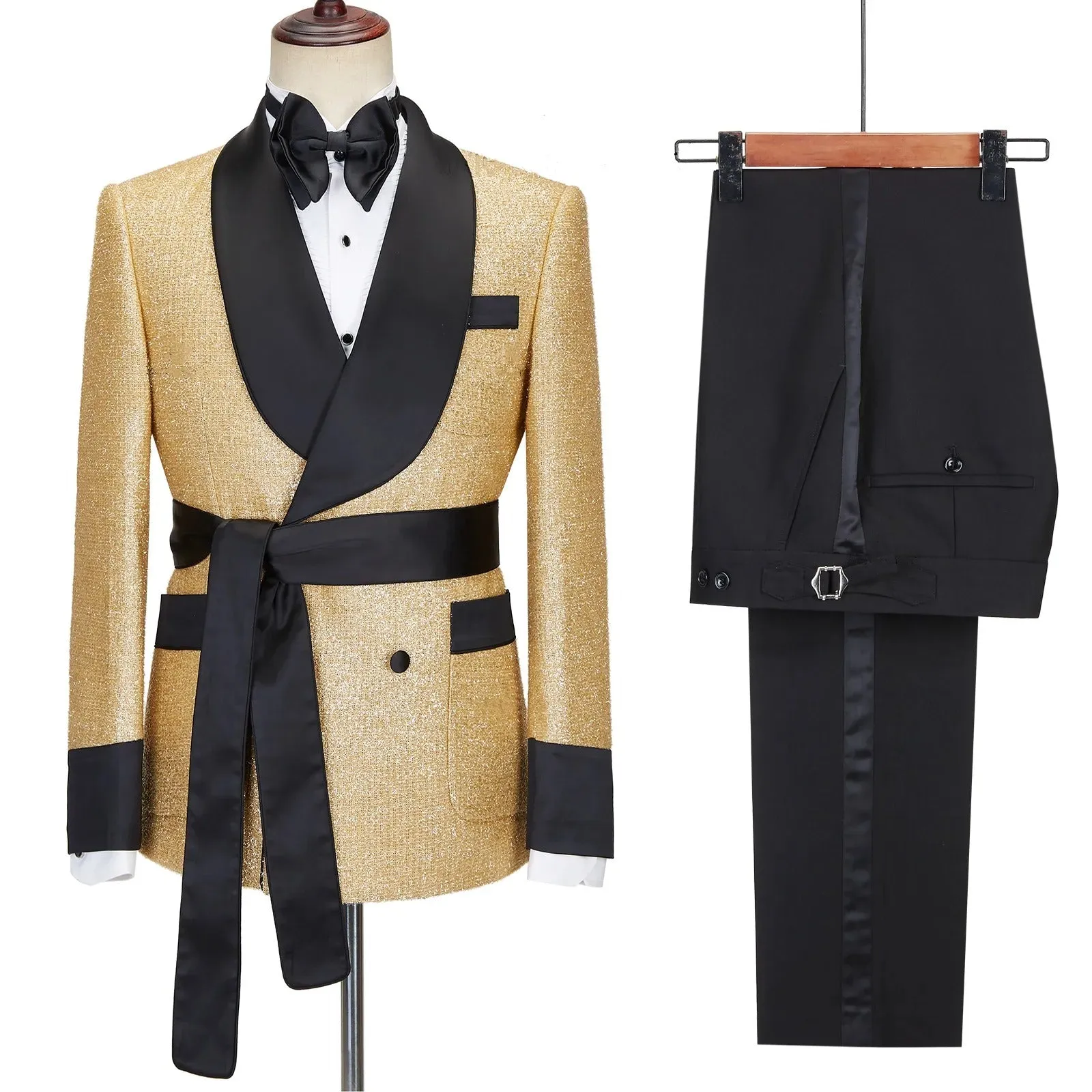 Posh Quality 2 Pieces Men Suit Shawl Lapel Collar Blazers Belted Suits Dinner Coat Pants Wedding Tuxedo | D219AALF014