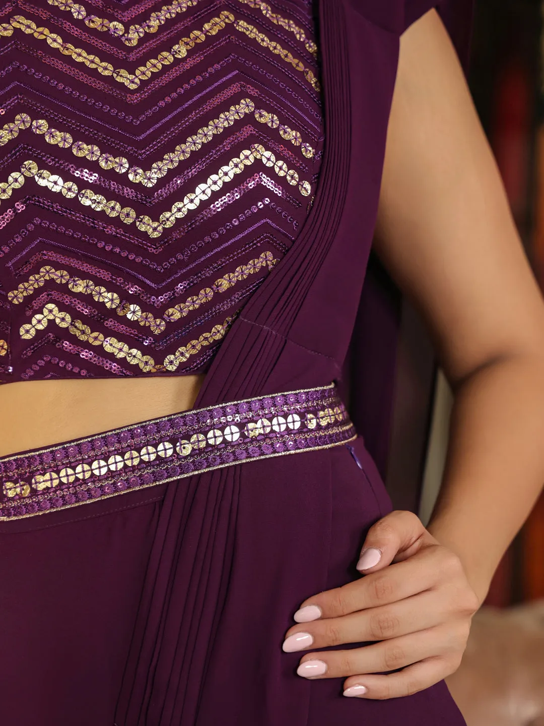 Purple Georgette Sequined Ready To Wear Belted Saree With Blouse