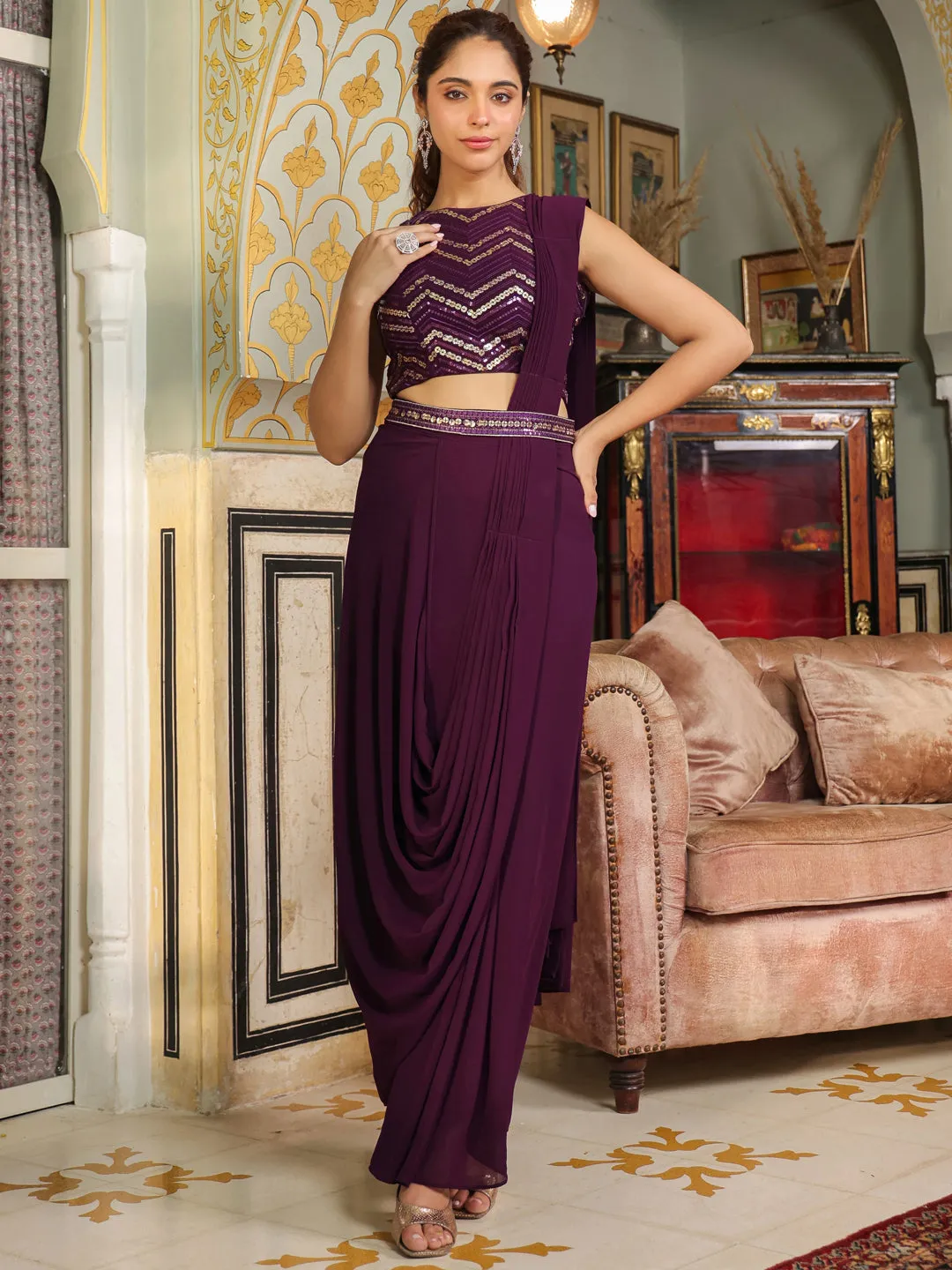 Purple Georgette Sequined Ready To Wear Belted Saree With Blouse