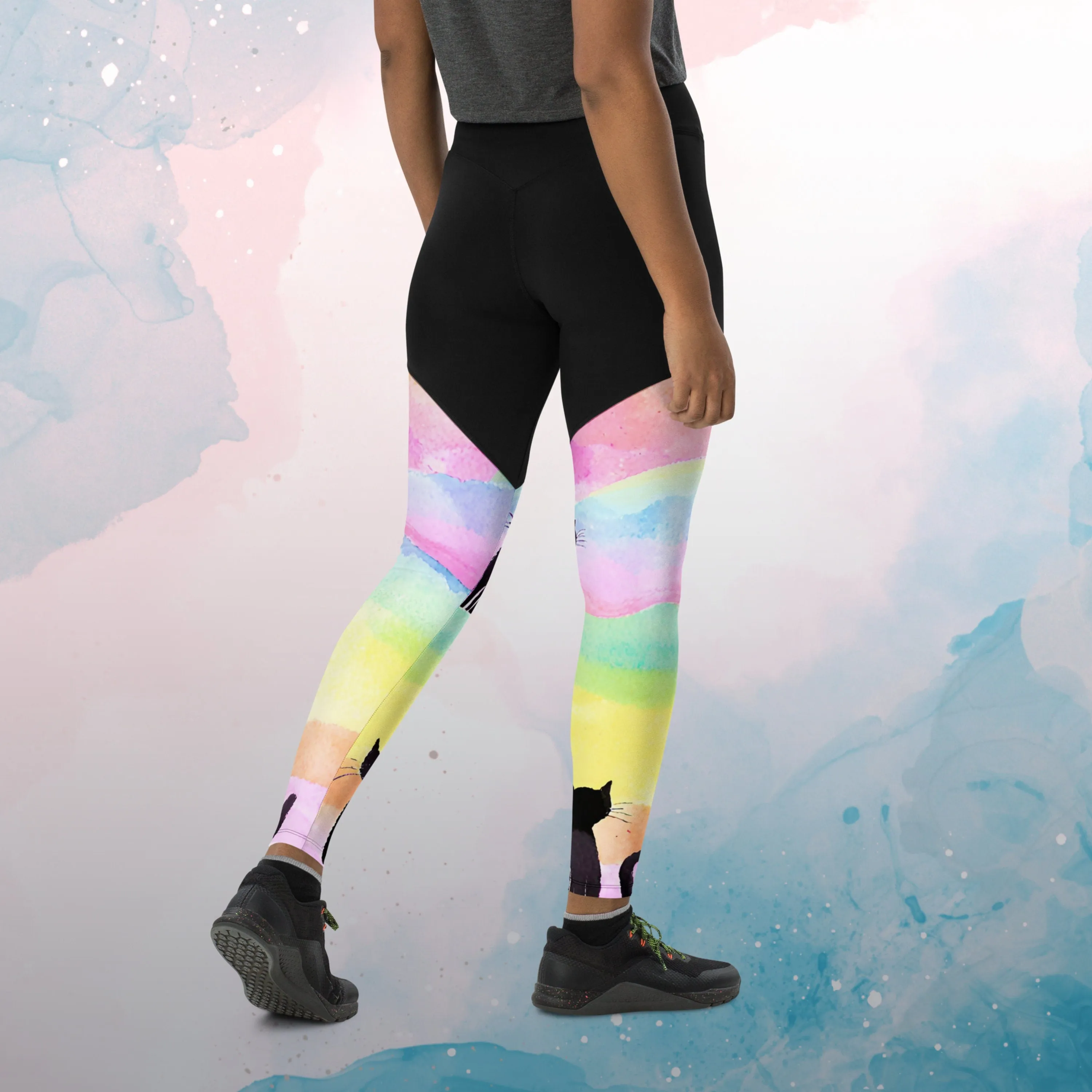 Rainbows and Abstract Cats Athletic Compression Workout Leggings Cat Lover Gift