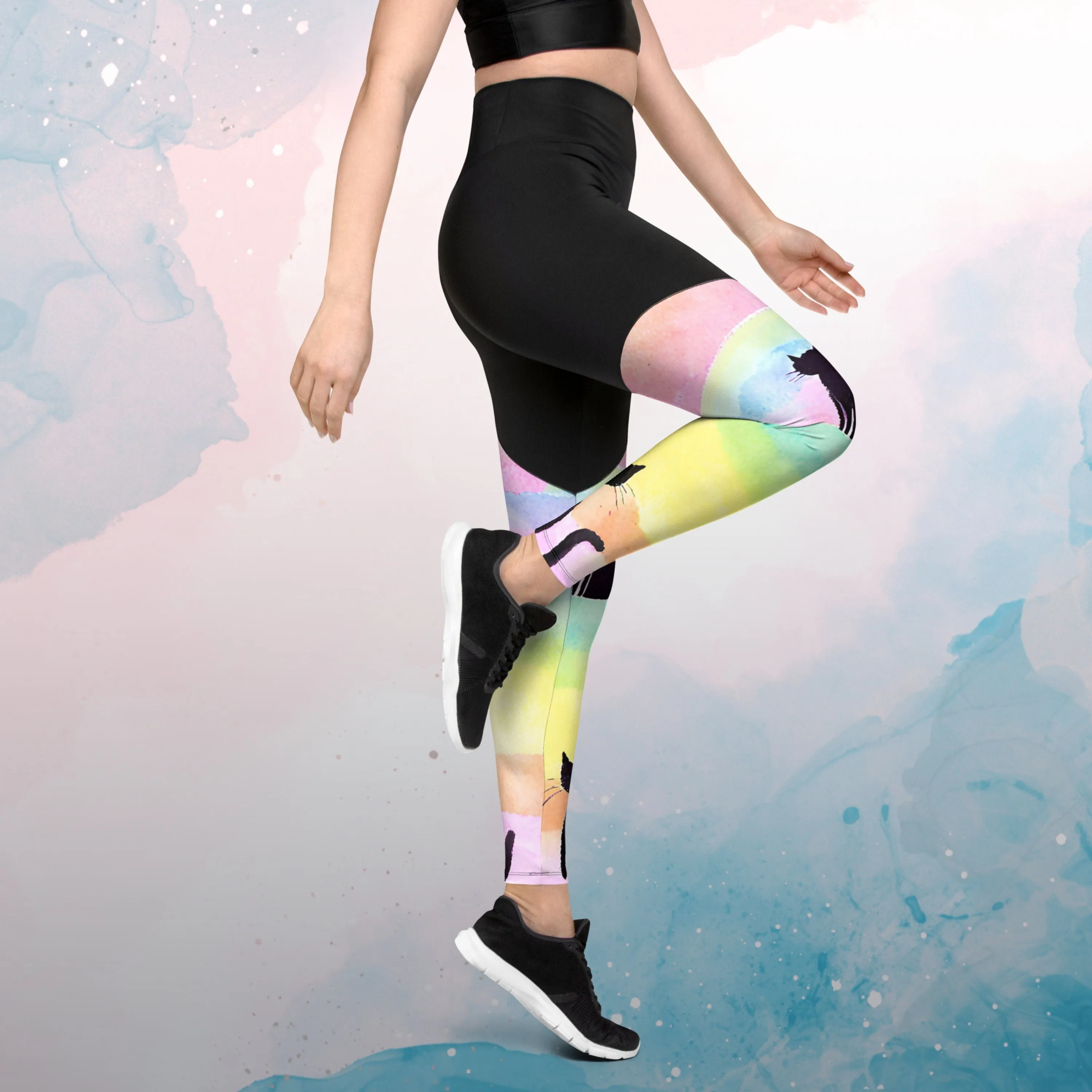 Rainbows and Abstract Cats Athletic Compression Workout Leggings Cat Lover Gift