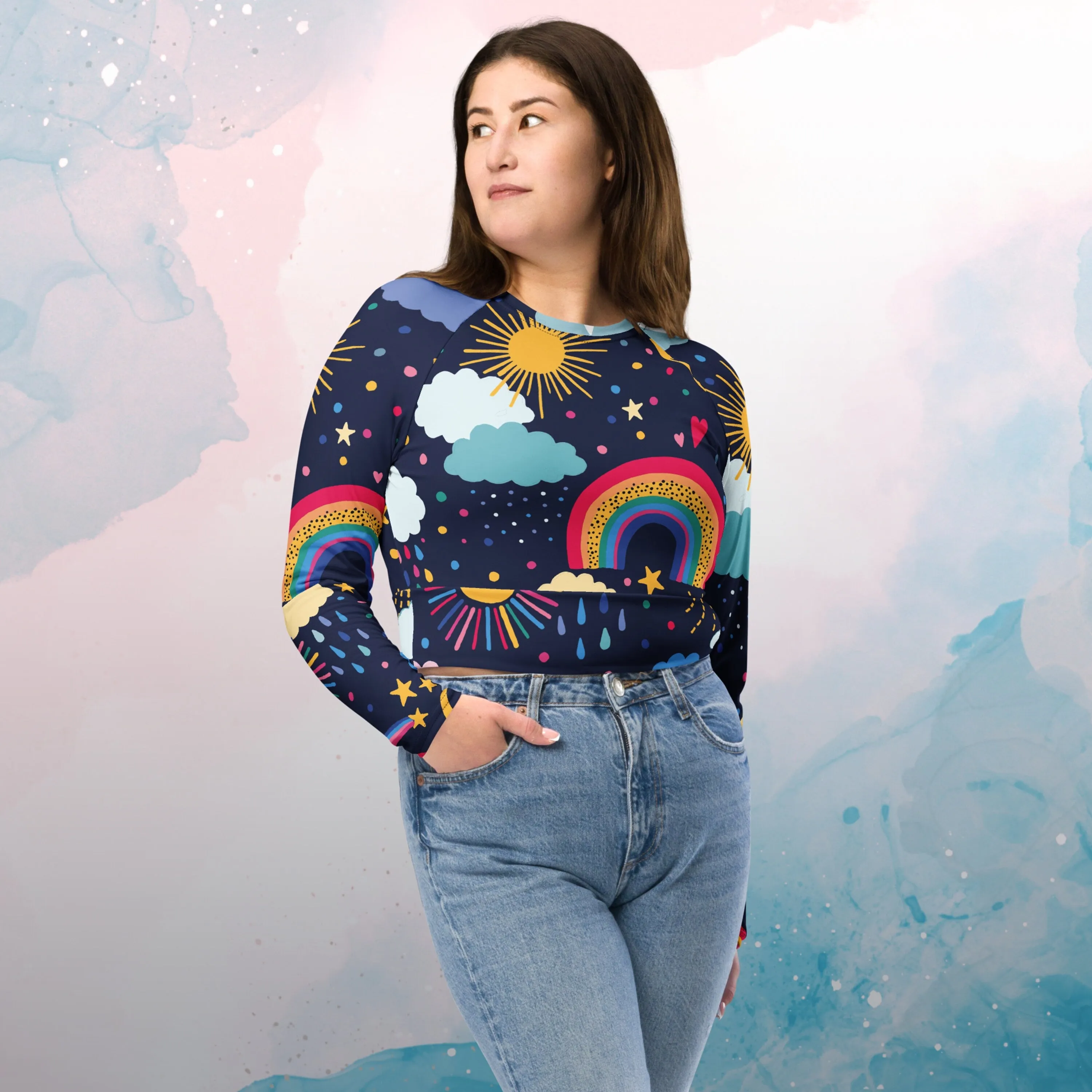 Rainbows and Rain Clouds Weather Themed  Long Sleeve Crop Top