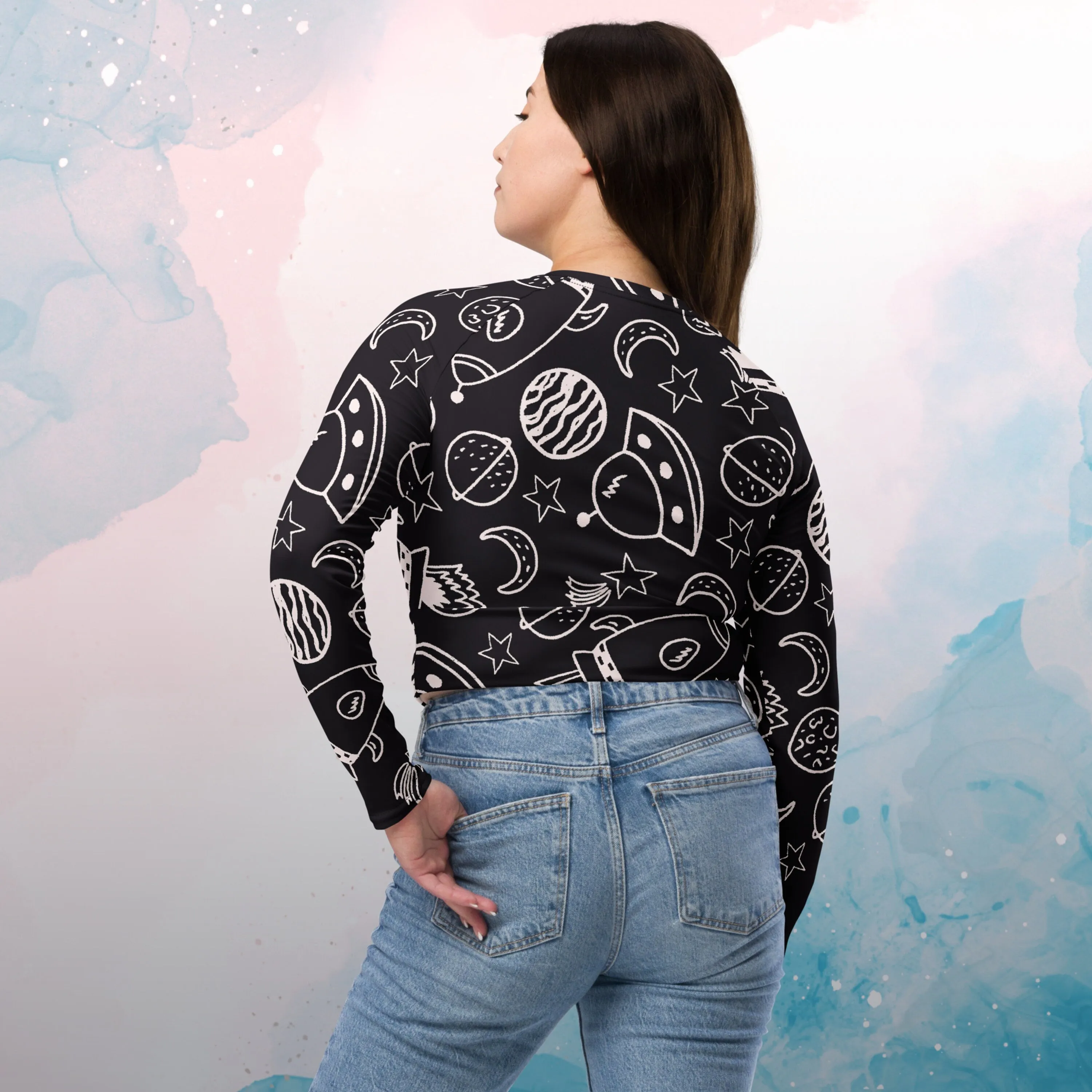 Rocket Ships and Planets Womens Recycled Long Sleeve Crop Top