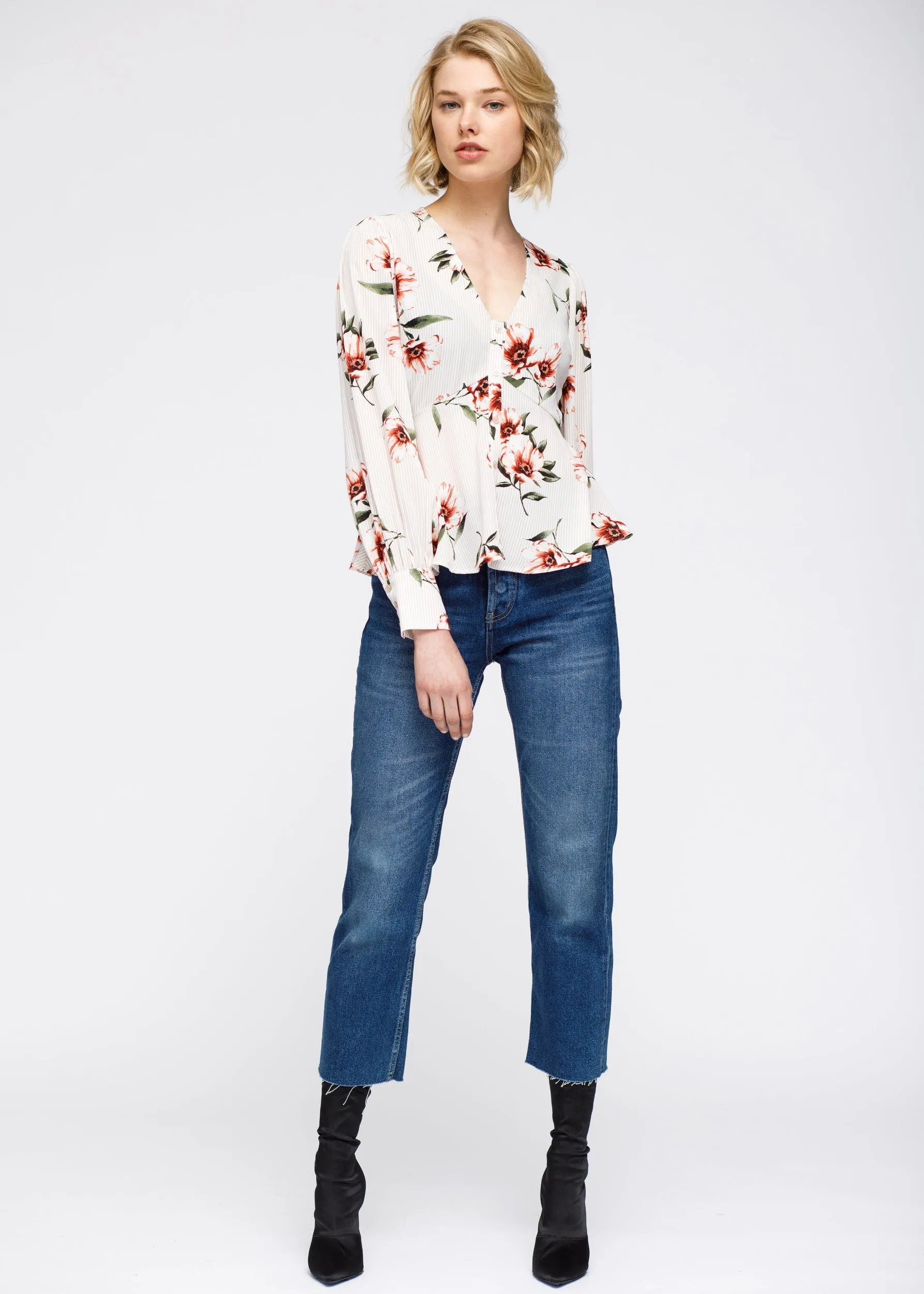 Rust Flower Empire Waist Peplum Blouse In Taupe