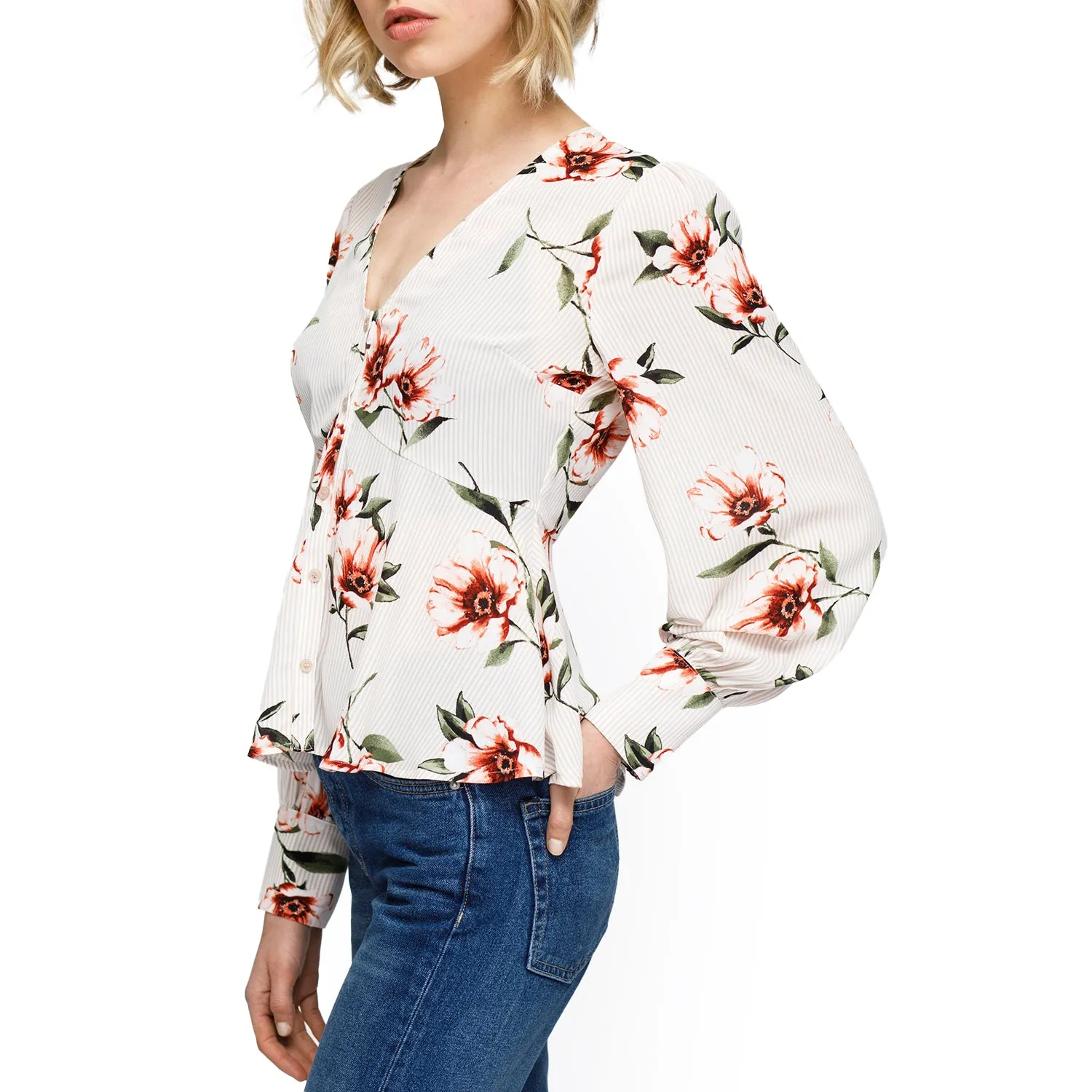 Rust Flower Empire Waist Peplum Blouse In Taupe