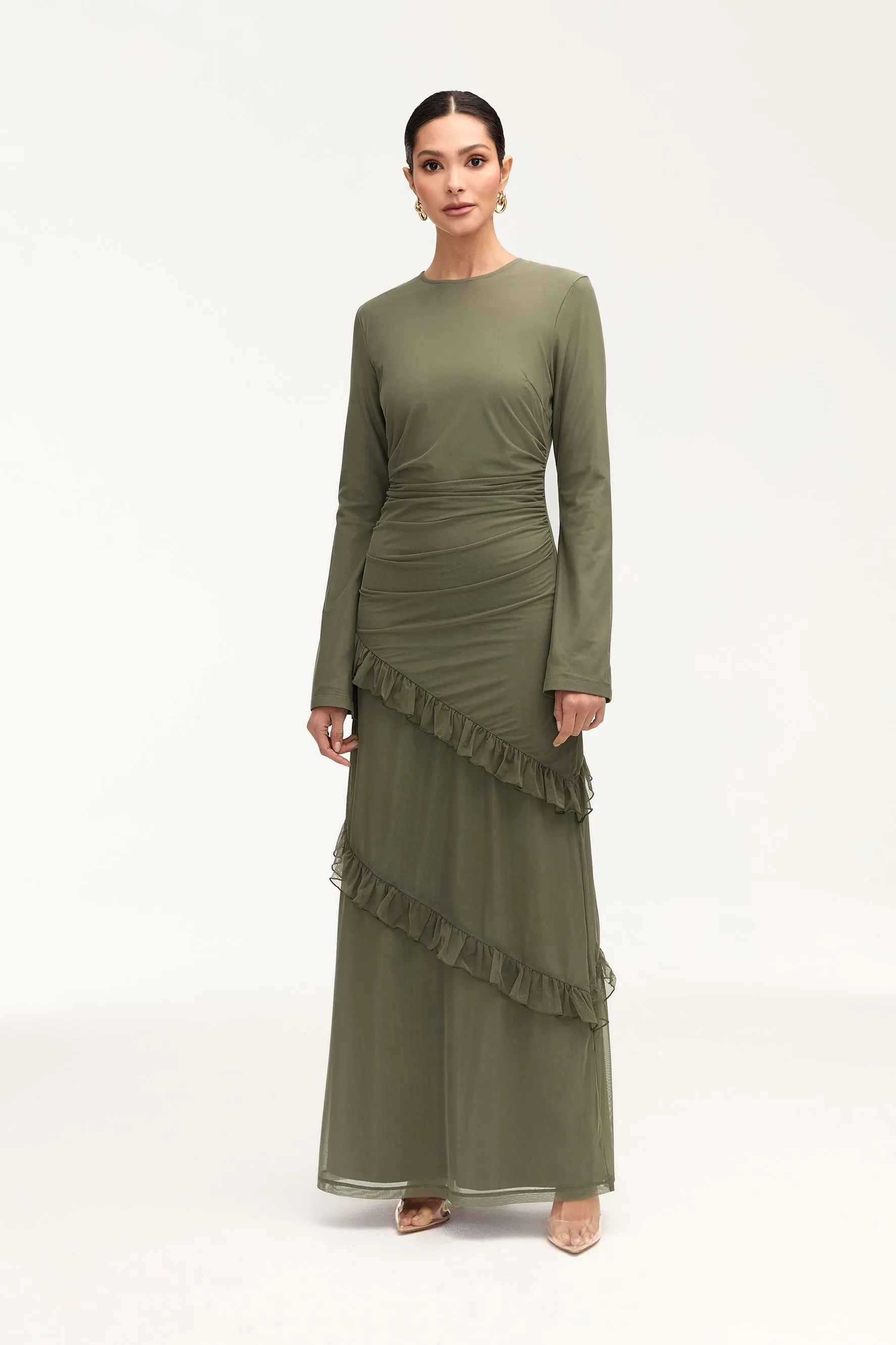 Sabrina Waterfall Mesh Maxi Dress - Smokey Olive