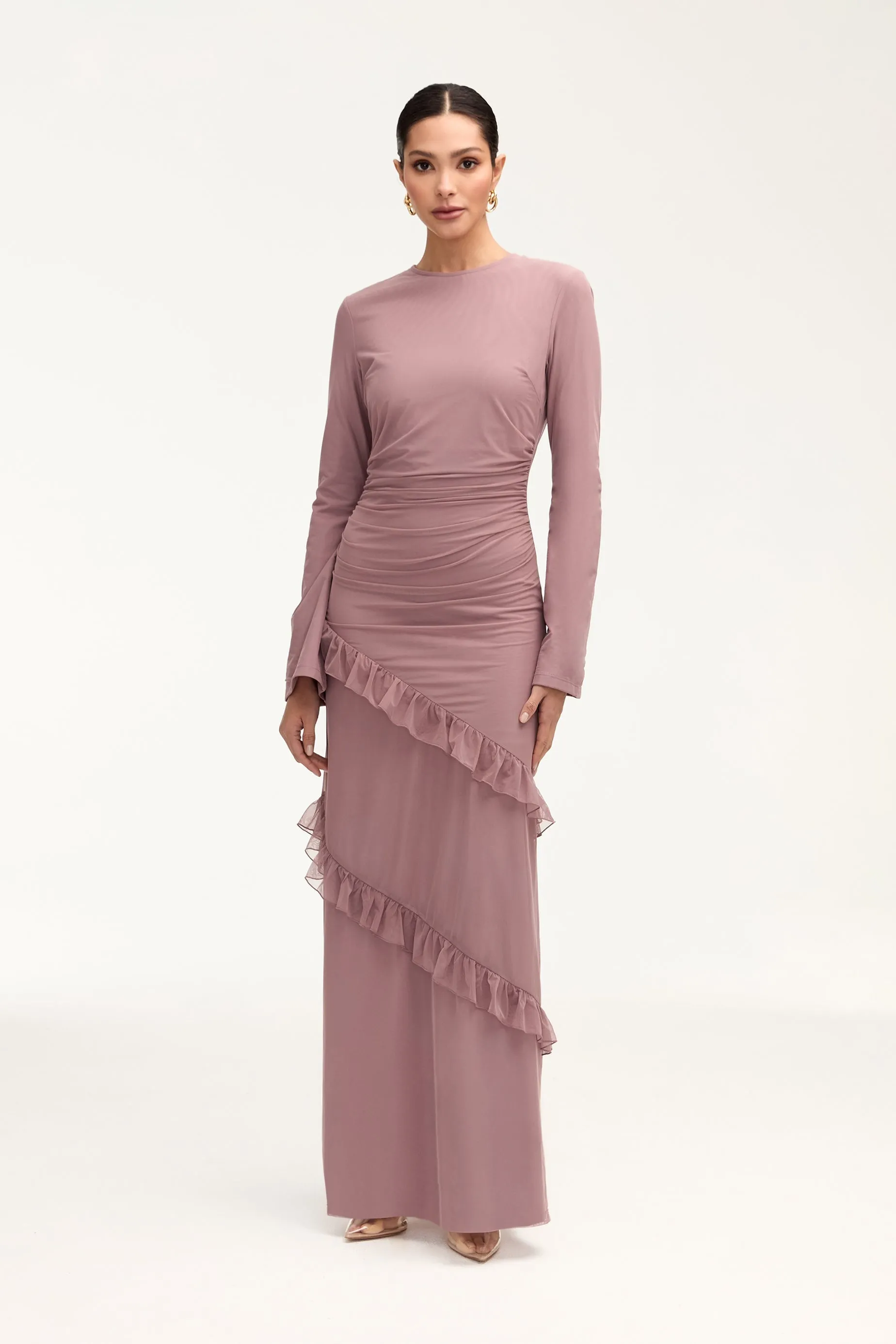 Sabrina Waterfall Mesh Maxi Dress - Twilight Mauve